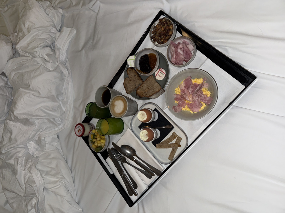 Elaborate breakfast in bed served in Paris room