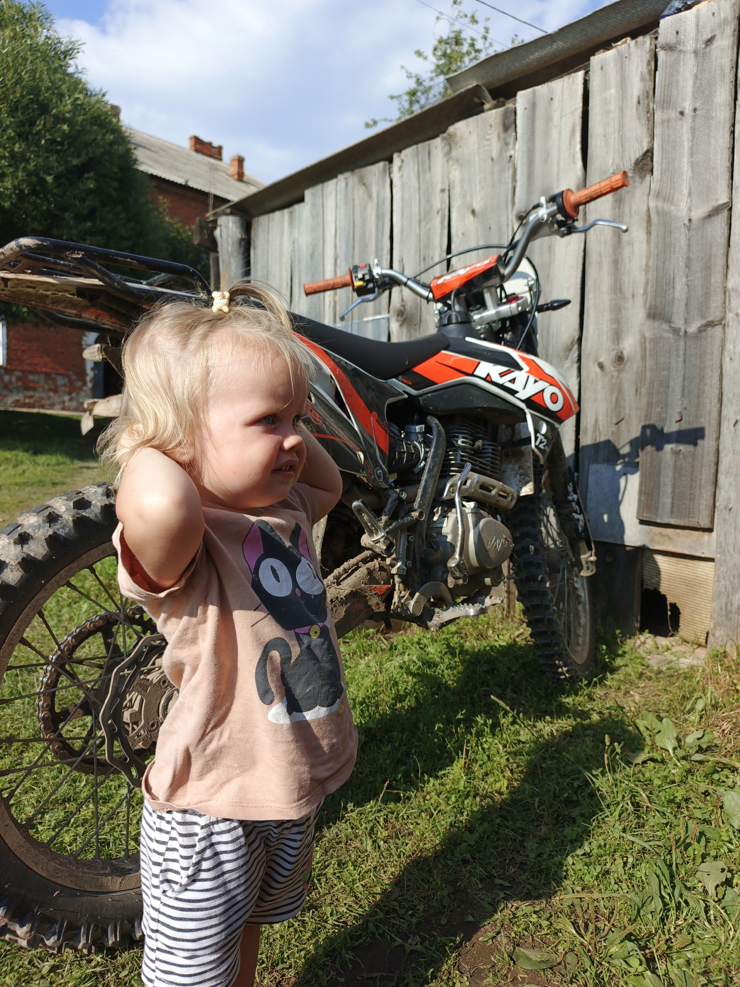 Backyard summer day in Medvedyovka: dogs, flowers, and a muddy dirt bike