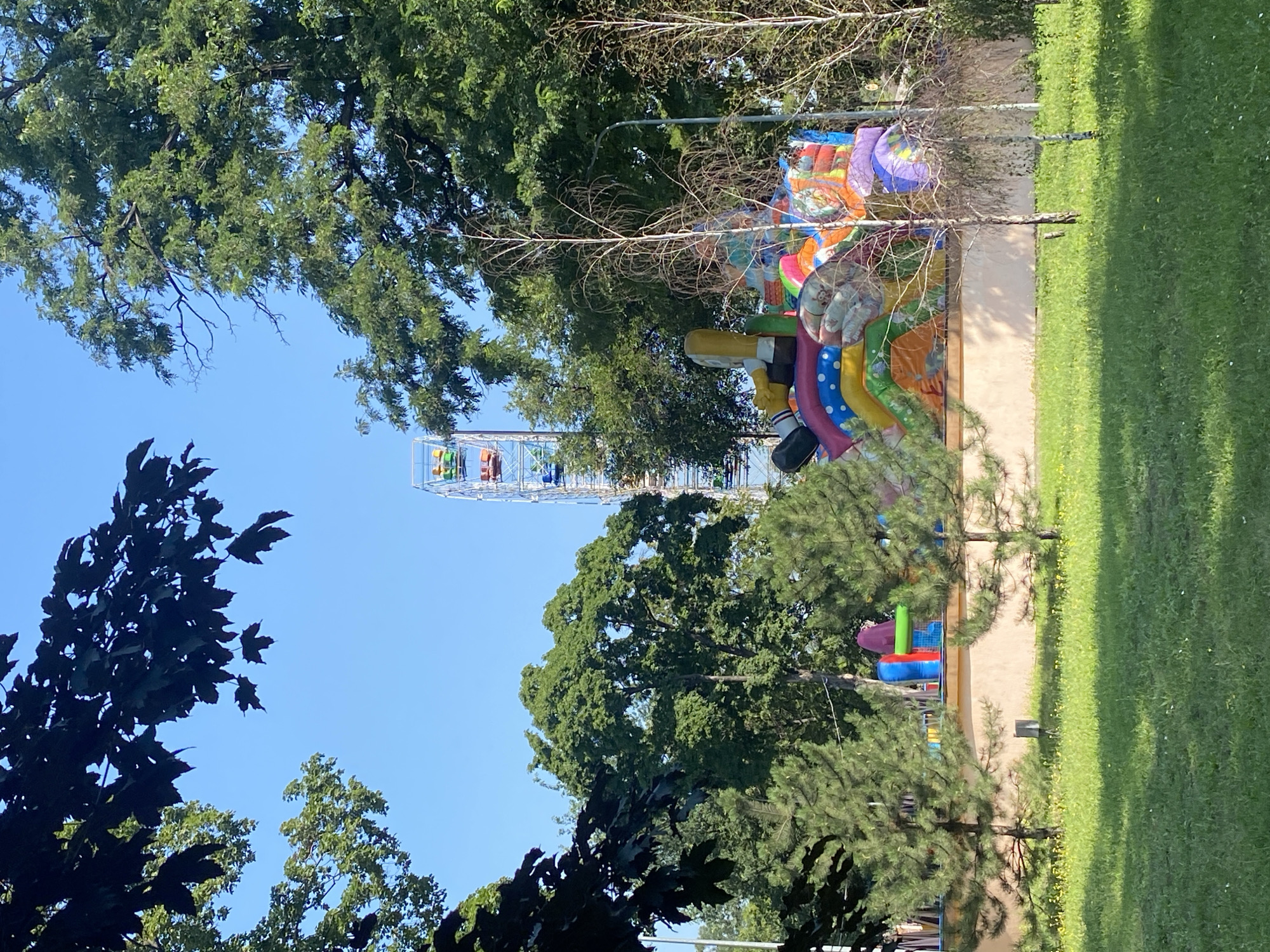 Inflatable playground and vendor stall set up in Kamianske