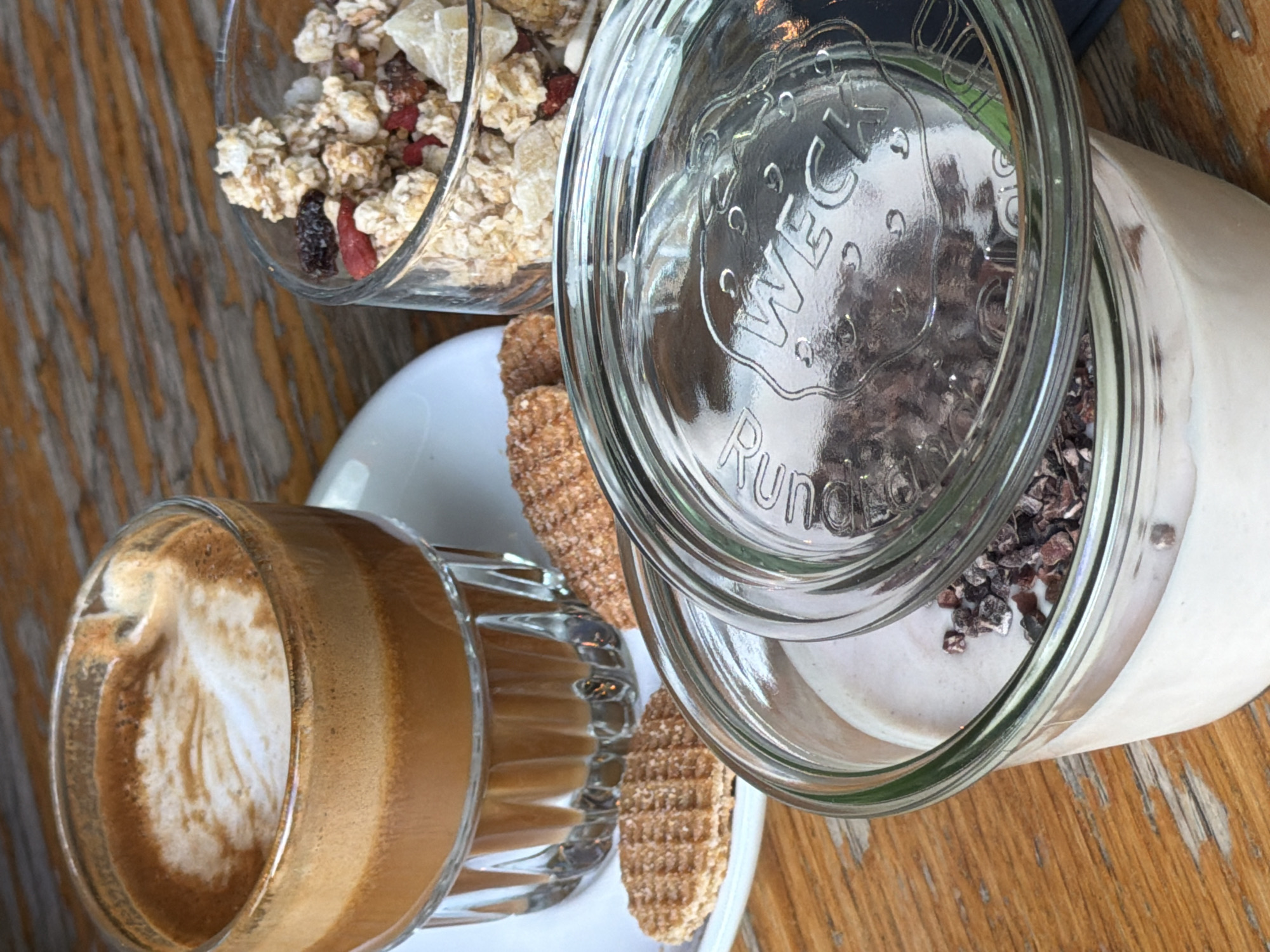 Morning coffee and breakfast spread at an Amsterdam café