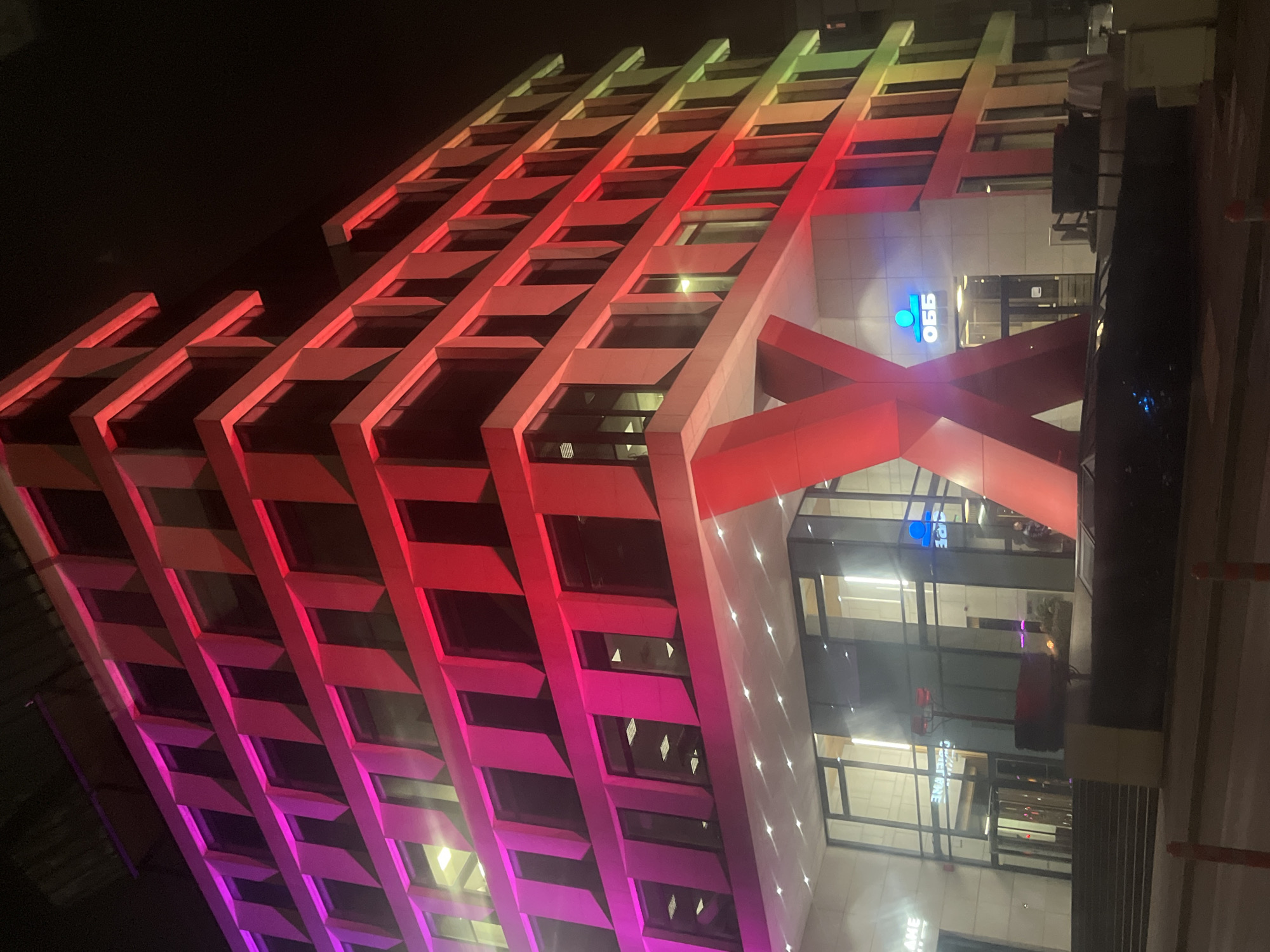 UniCredit Bulbank building illuminated at night in Sofia