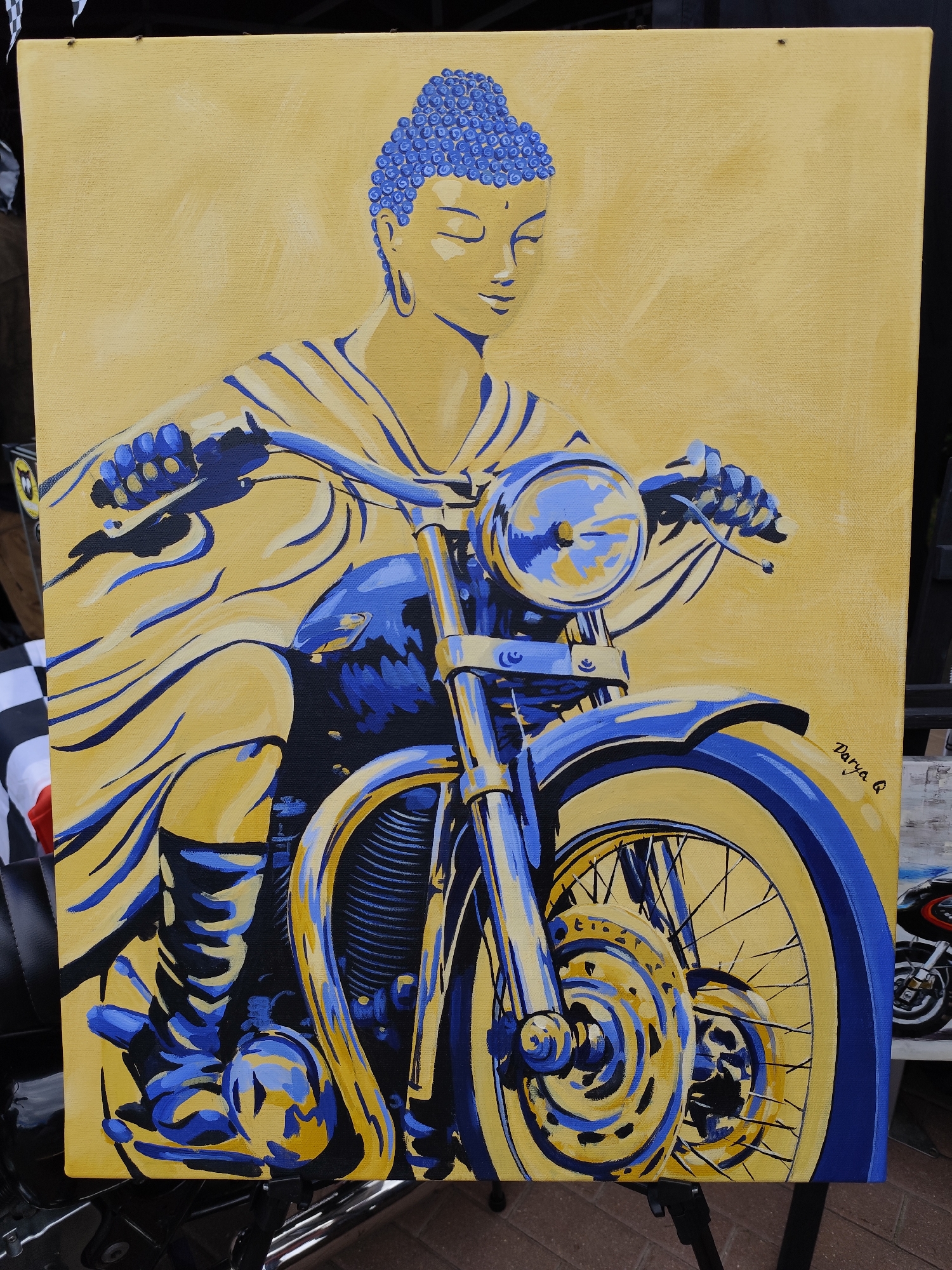 Motorcycle culture and children's bike activities documented near institutional building