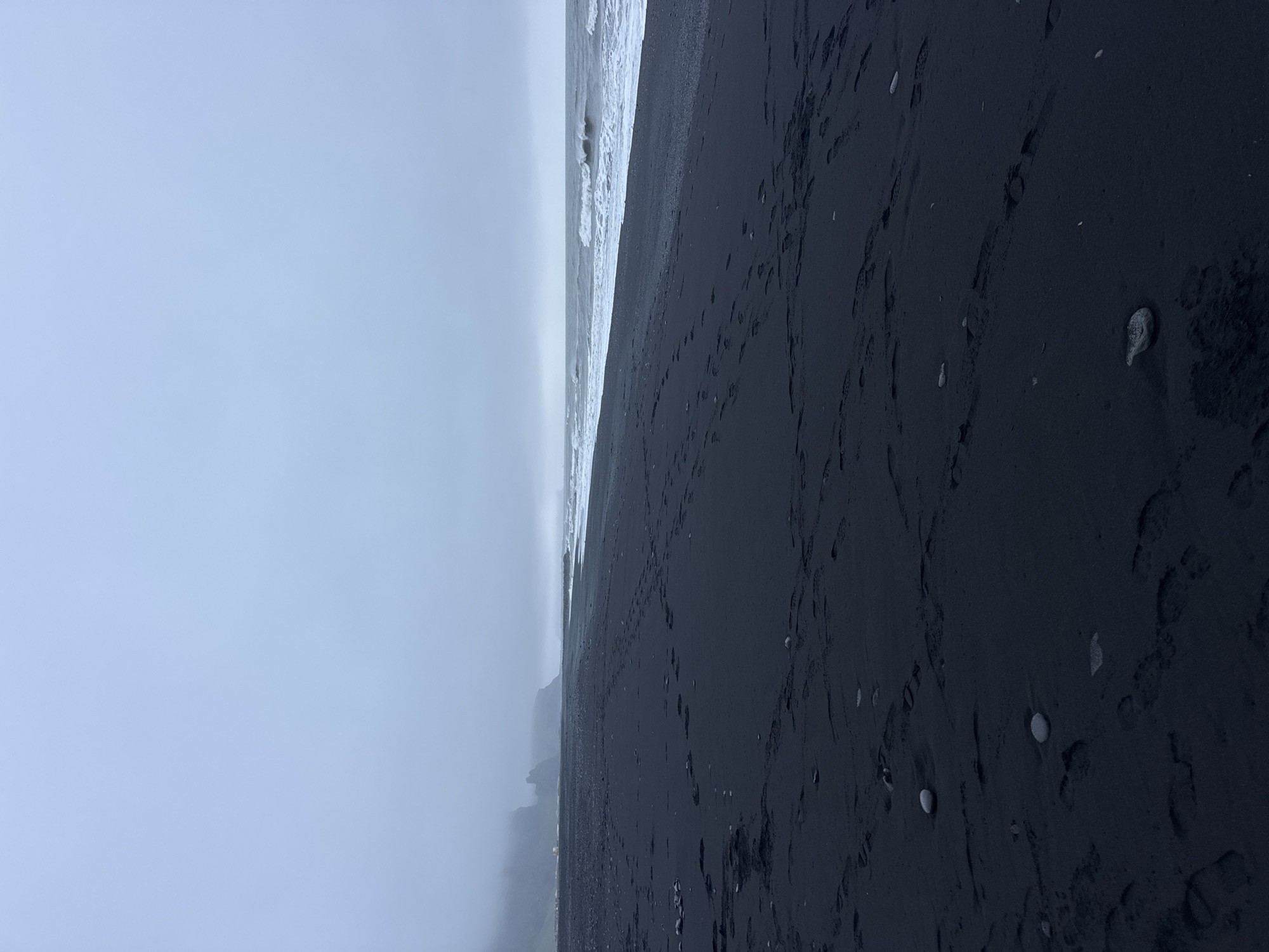 Visitor documents dramatic Reynisfjara black beach during overcast evening