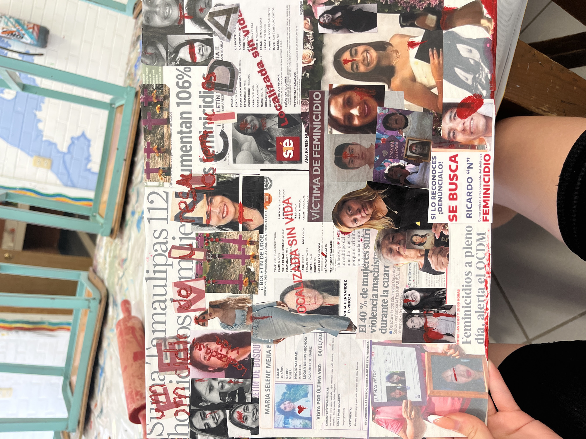 Person displays women's violence awareness collage in Puebla