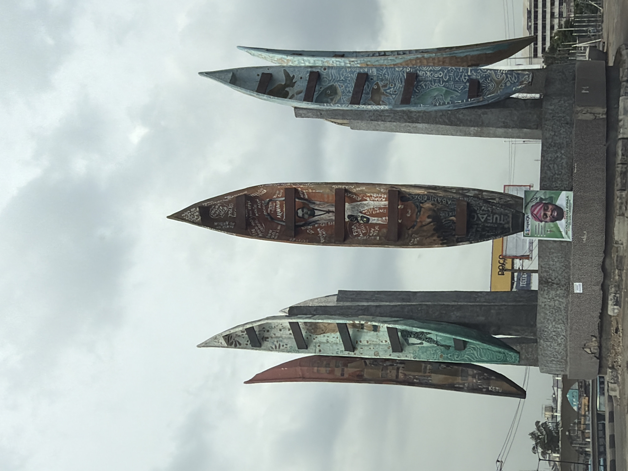 Painted dugout canoe sculpture spotted in Ikeja, Nigeria