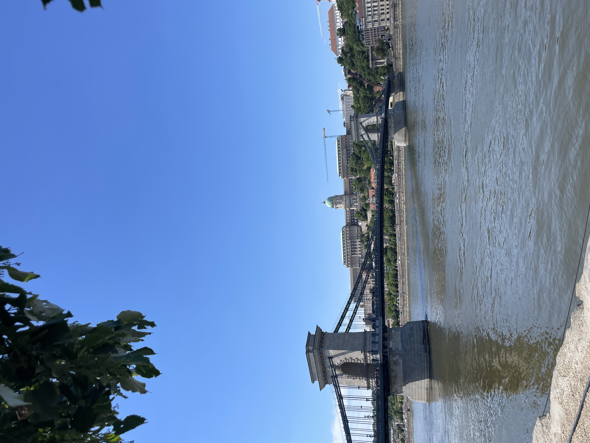 Chain Bridge observed spanning Danube in Budapest morning