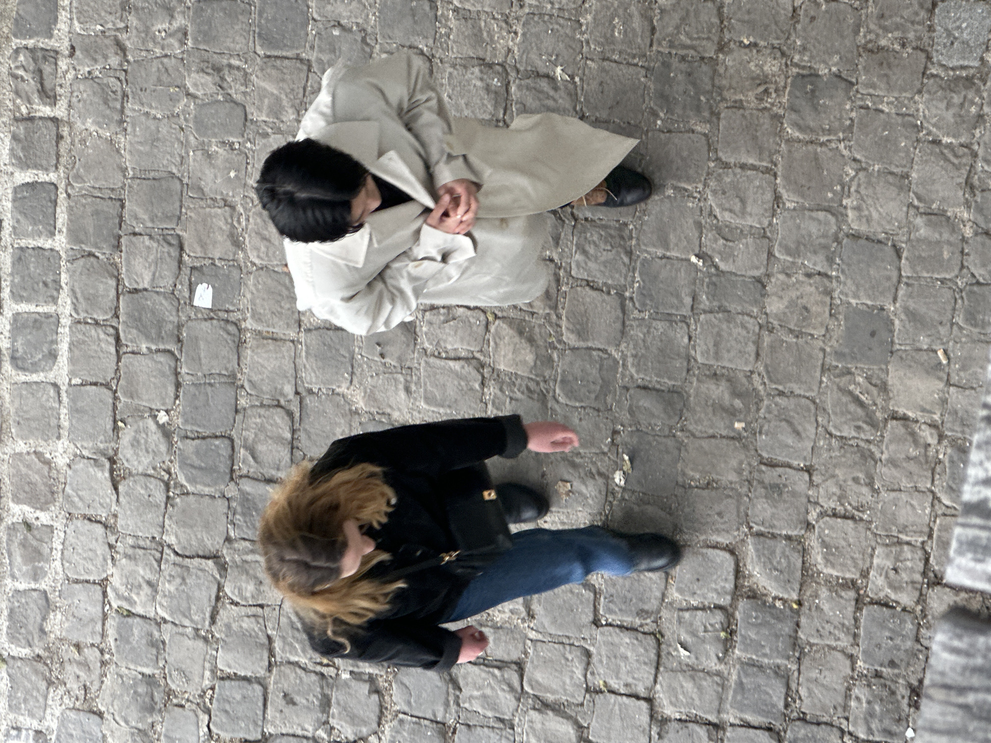 Two women observed on cobblestone street near Paris Panthéon