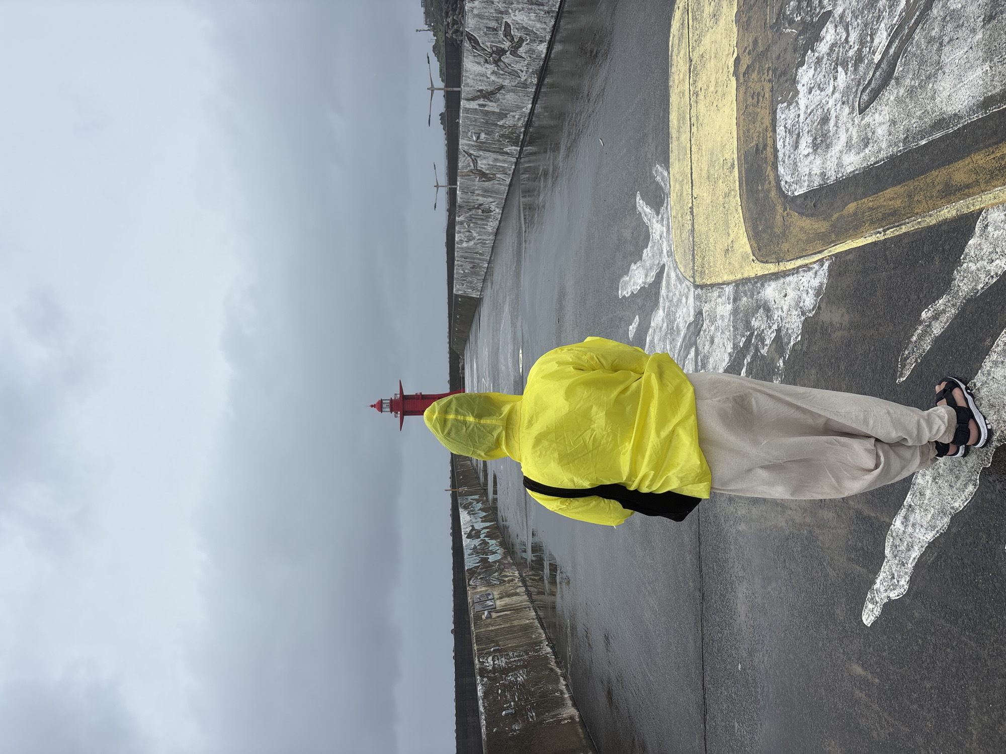 Rainy day at Seogwipo's red lighthouse pier, Jeju Island
