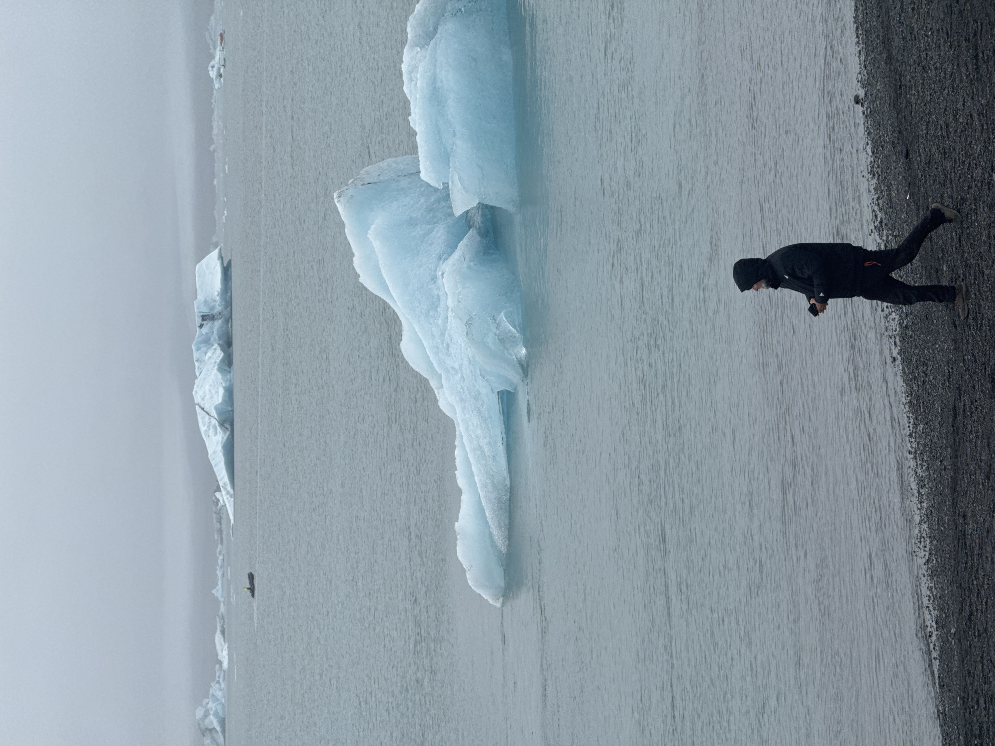 Visitor observes icebergs at Iceland's Jökulsárlón glacier lagoon