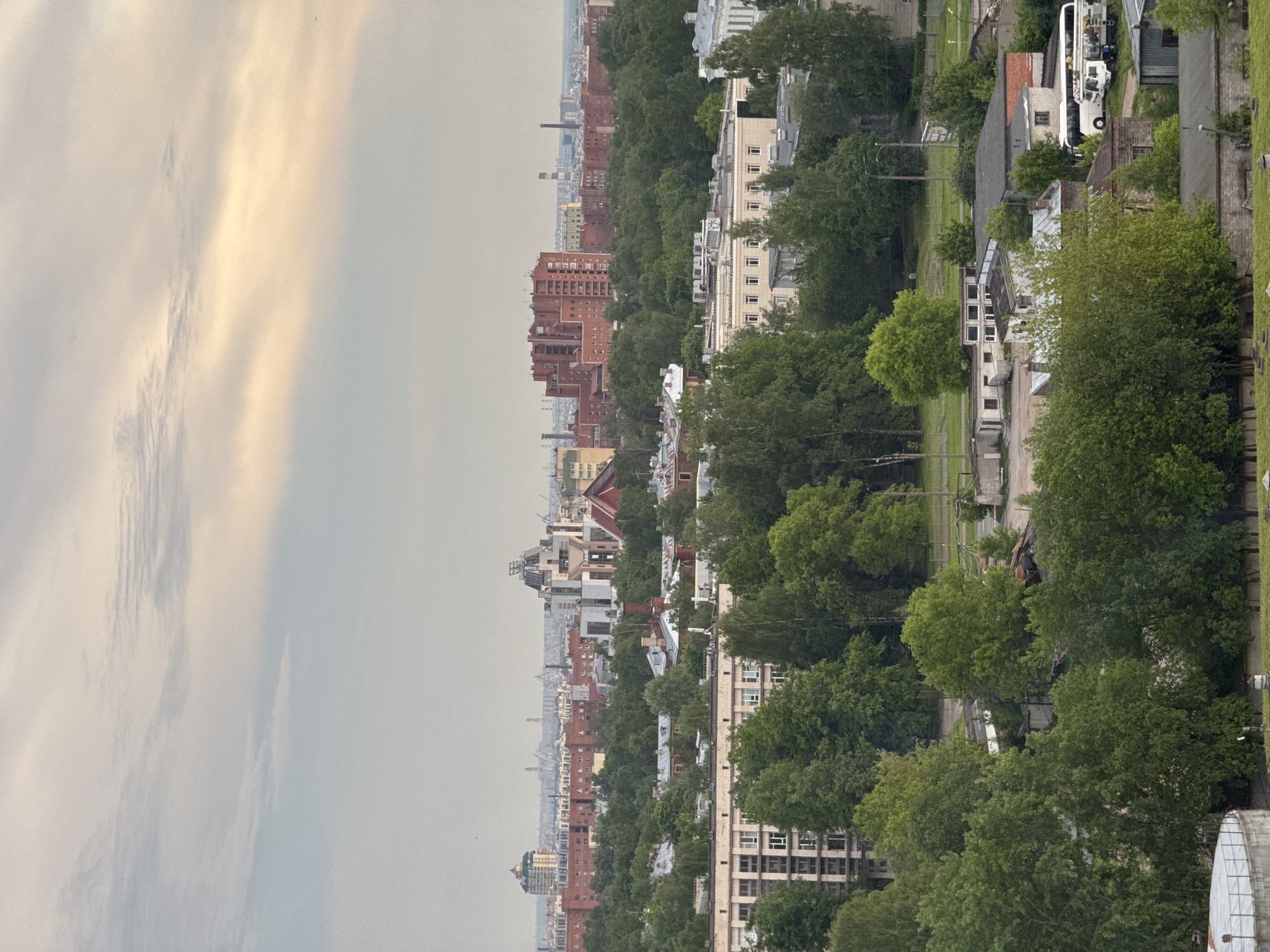 Elevated cityscape views captured during dramatic evening skies