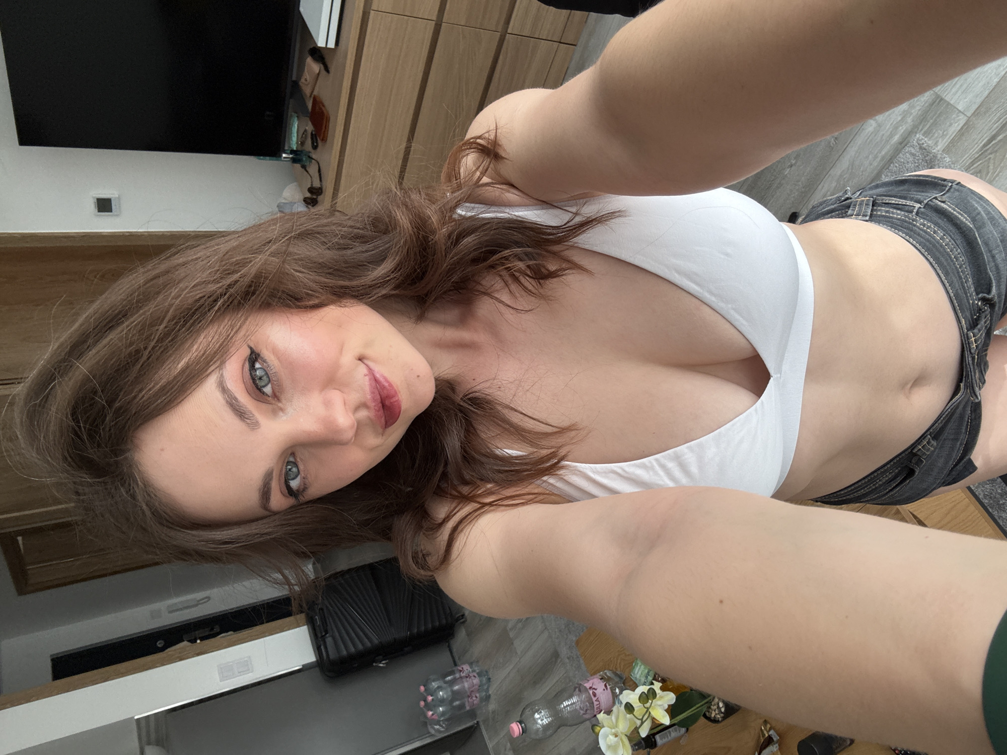 Woman takes selfies at home in Balatonlelle, Hungary