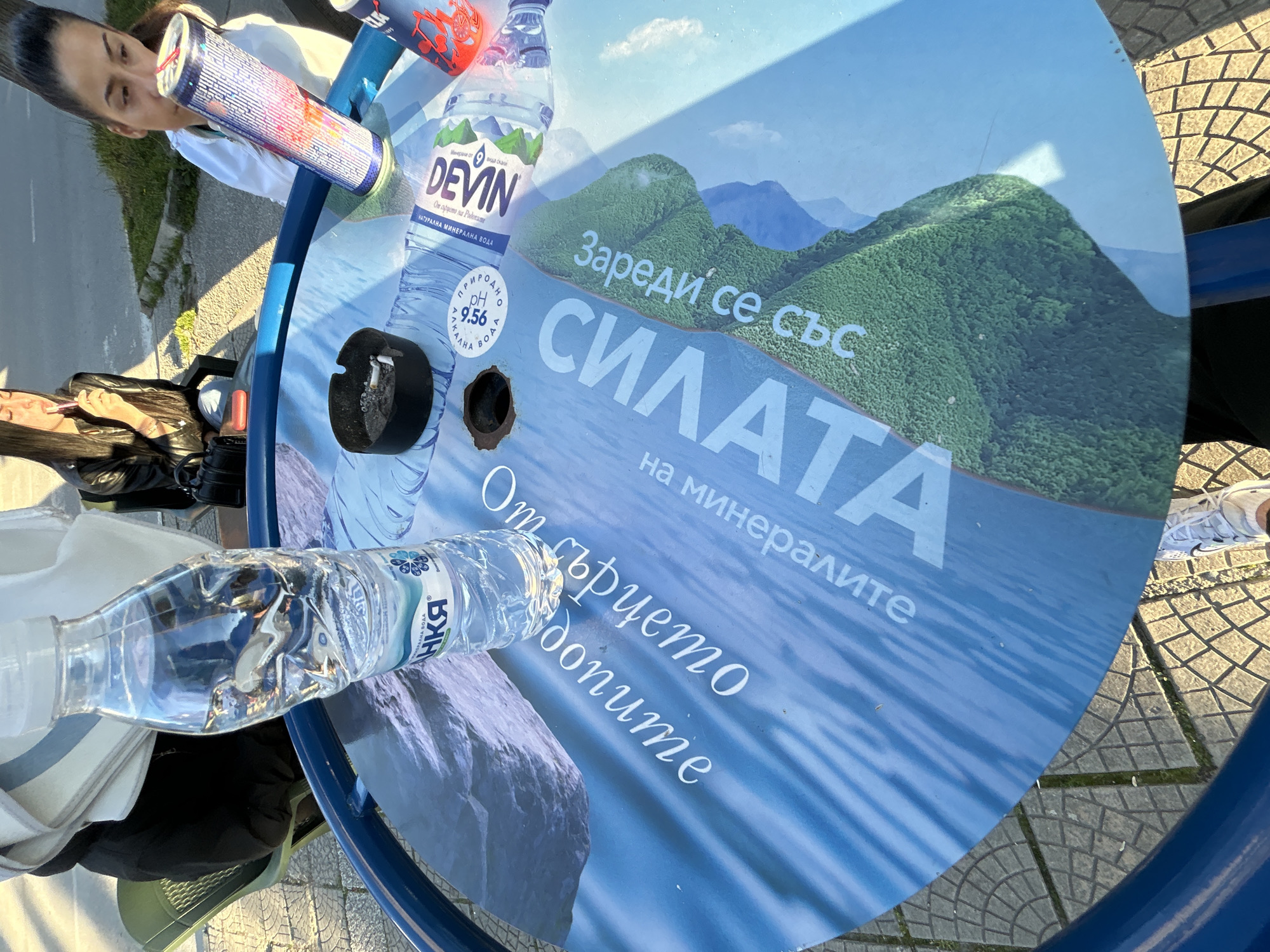 Devin mineral water ad spotted on outdoor table in Strelcha