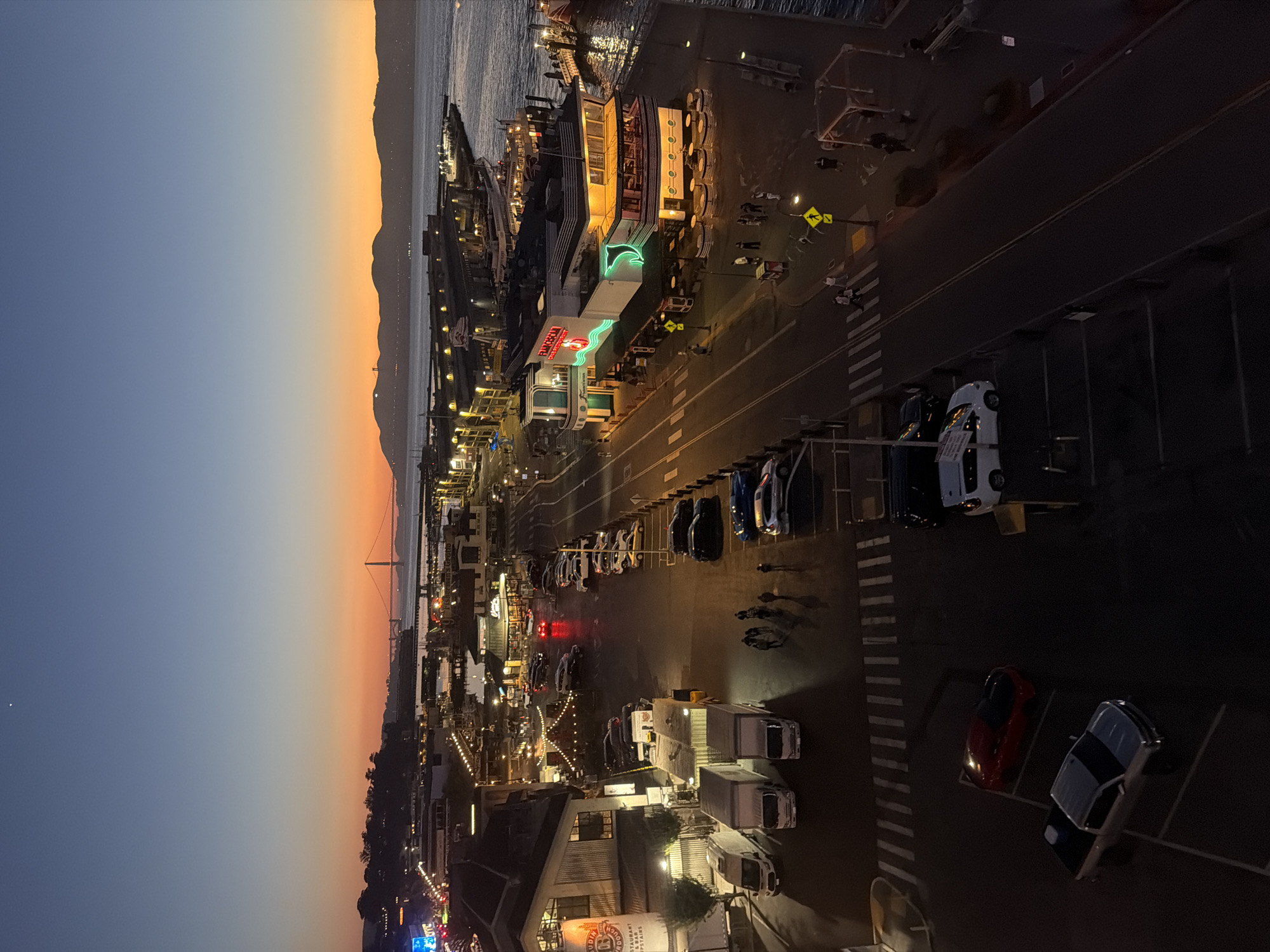 Fisherman's Wharf at dusk, Golden Gate on the horizon