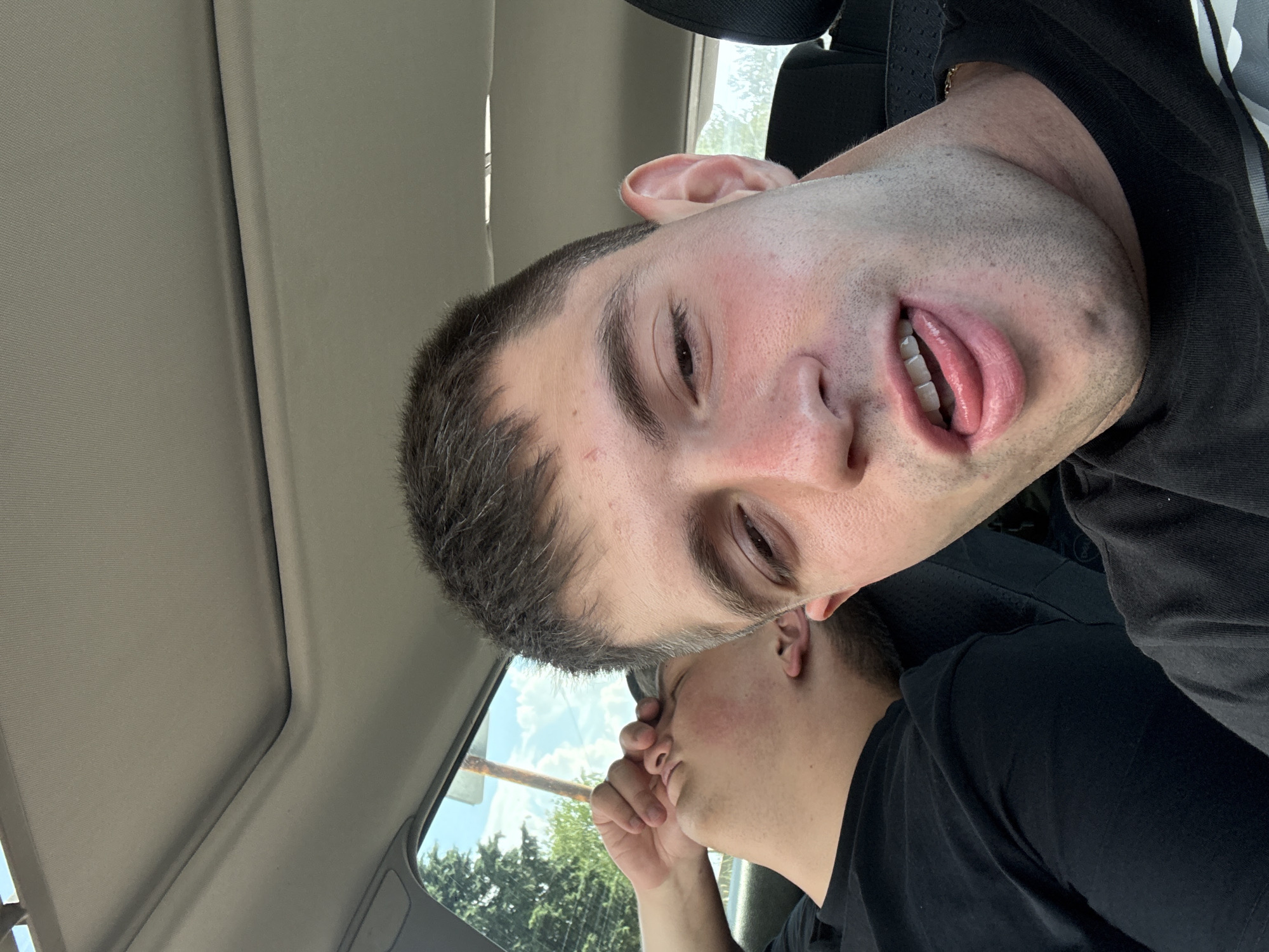 Passenger seat selfie on the road through Gurkovo, Bulgaria