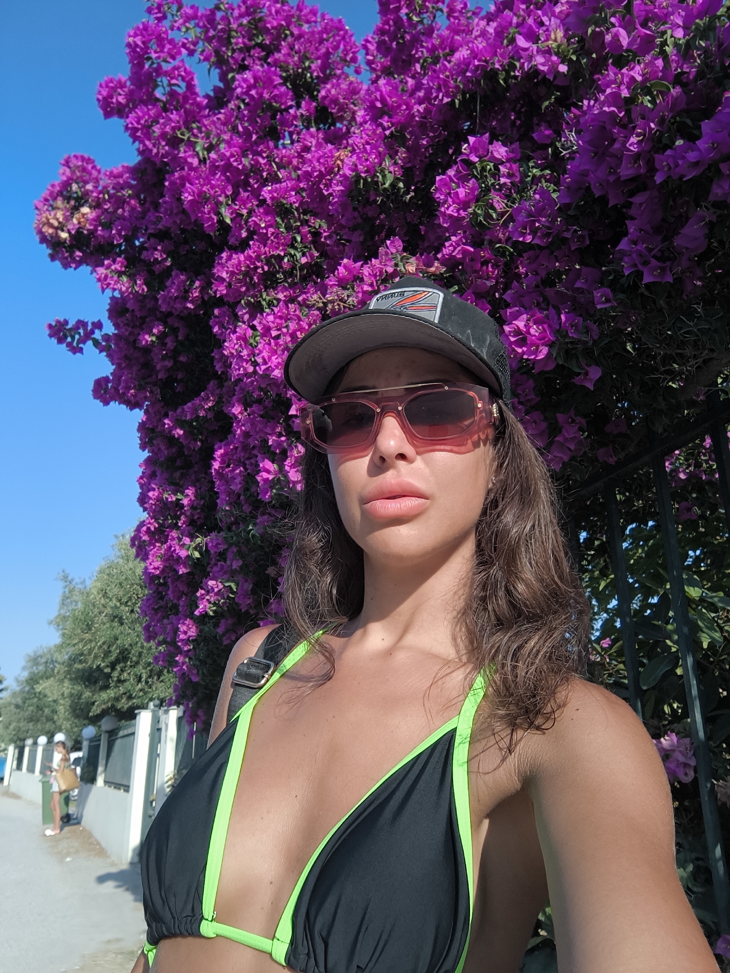 Bougainvillea backdrop selfie on a Greek summer afternoon