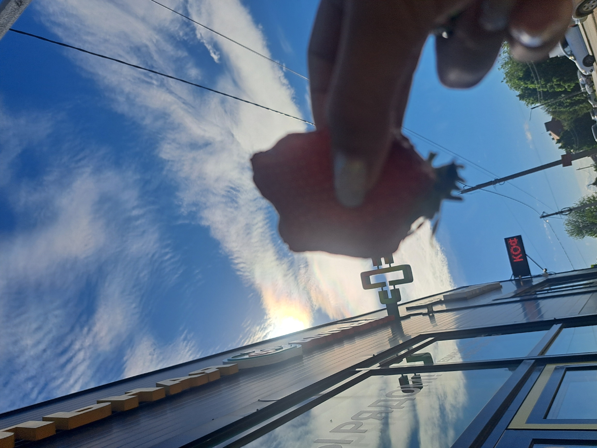 Person poses with strawberries outside Russian shopping district