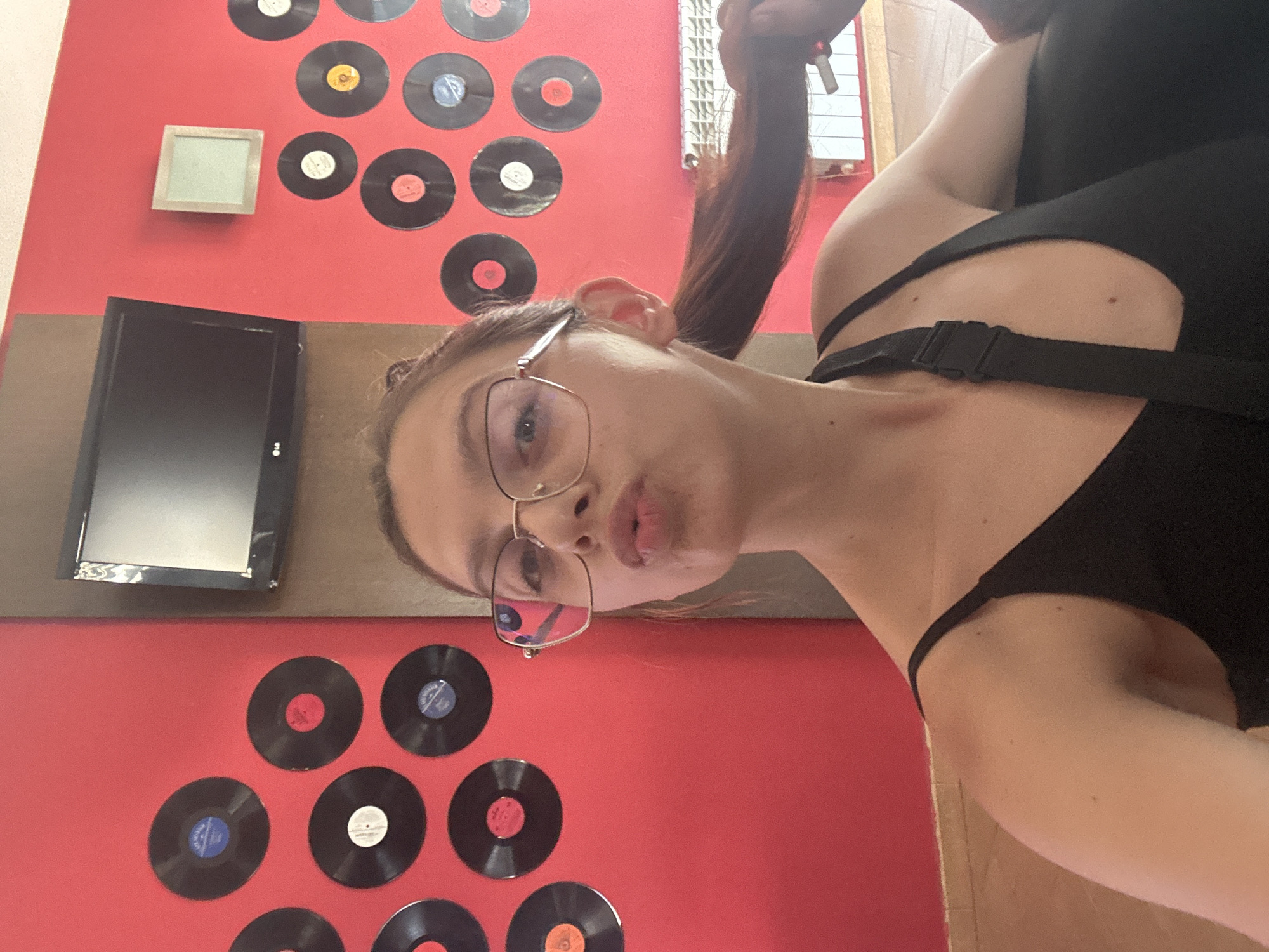 Selfies in a vinyl record-covered room in Tryavna