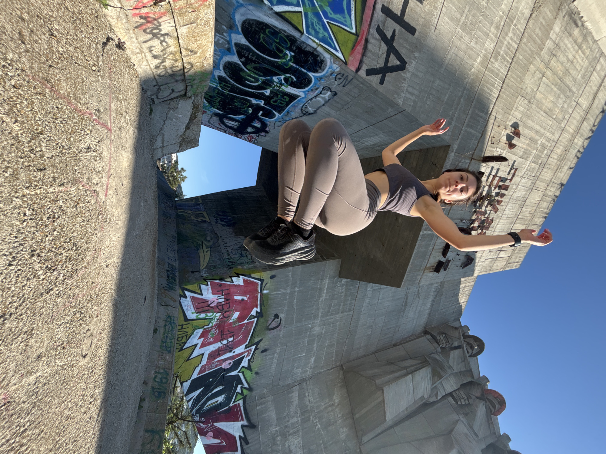 Early morning workout session at graffitied monument in Varna