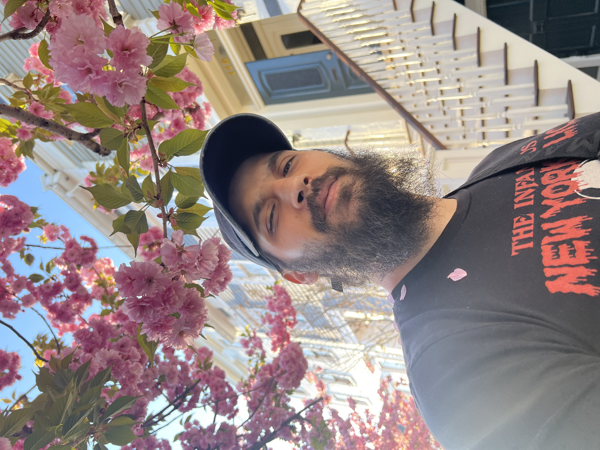 Person captures selfie among blooming cherry blossoms in Newburgh
