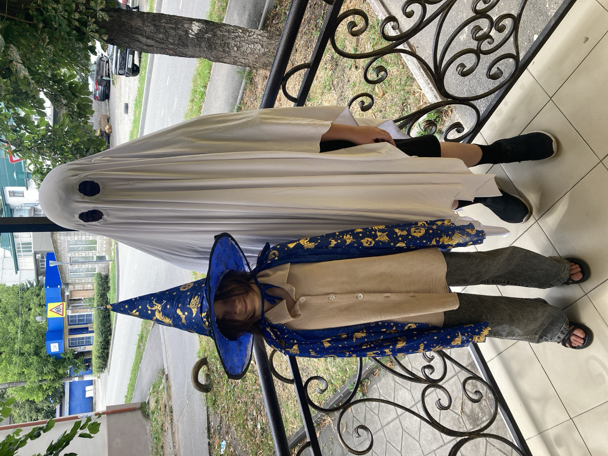 Witch costume pose outdoors, stars and bats on the hat