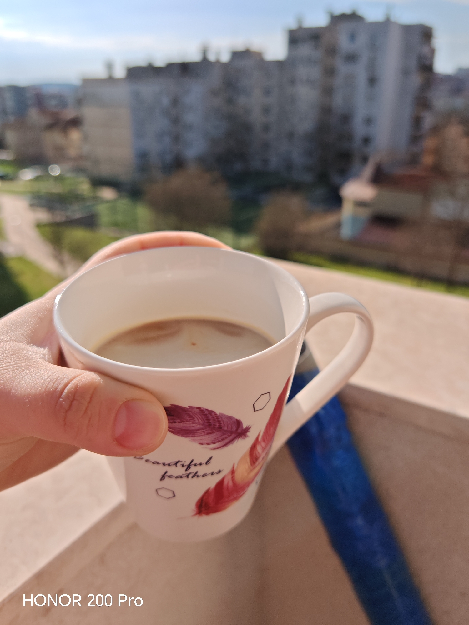 Morning coffee moment captured in Haskovo, Bulgaria cityscape