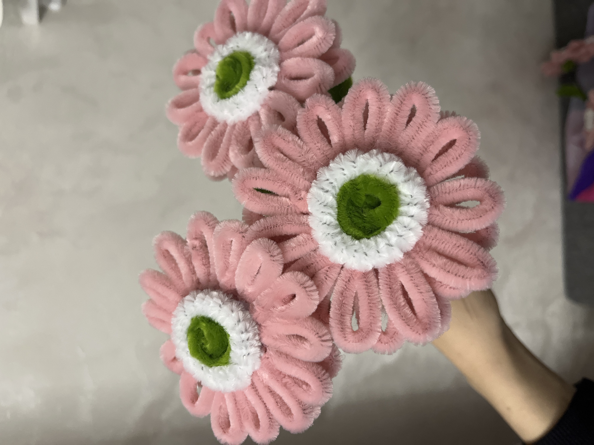 Person displays handmade pipe cleaner flowers in Shushary