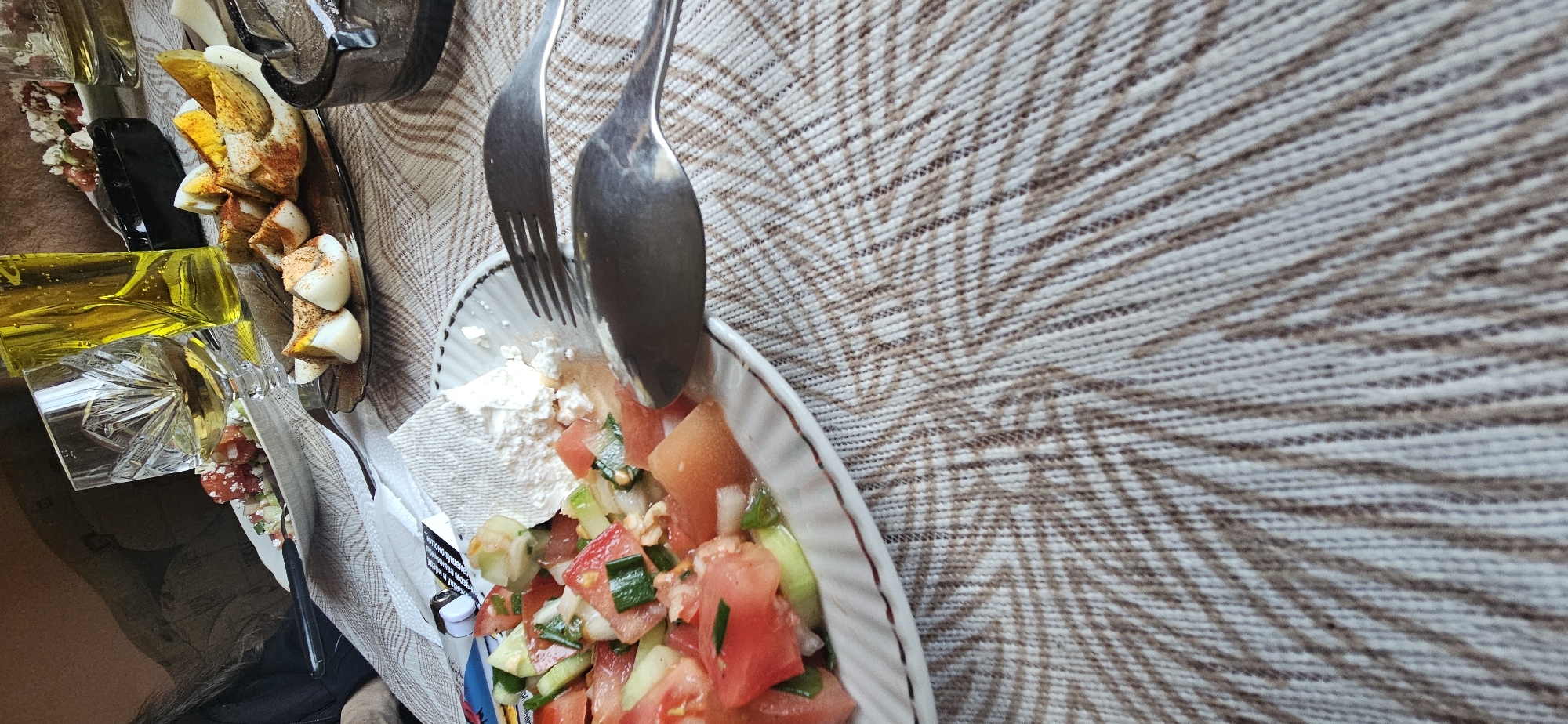 Easter meal celebrated with traditional salad and colored eggs