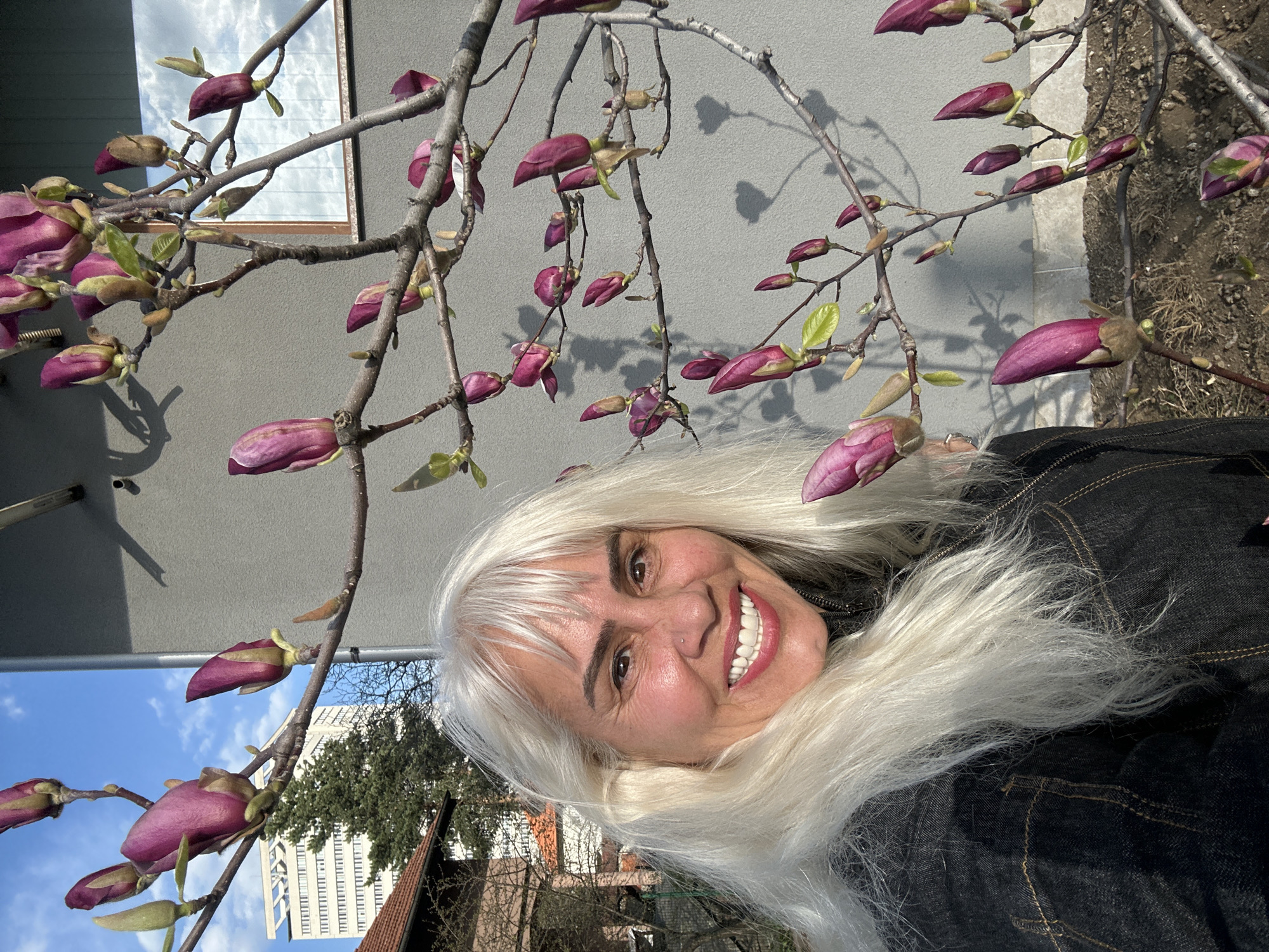 Woman poses with spring magnolia blooms in Sofia
