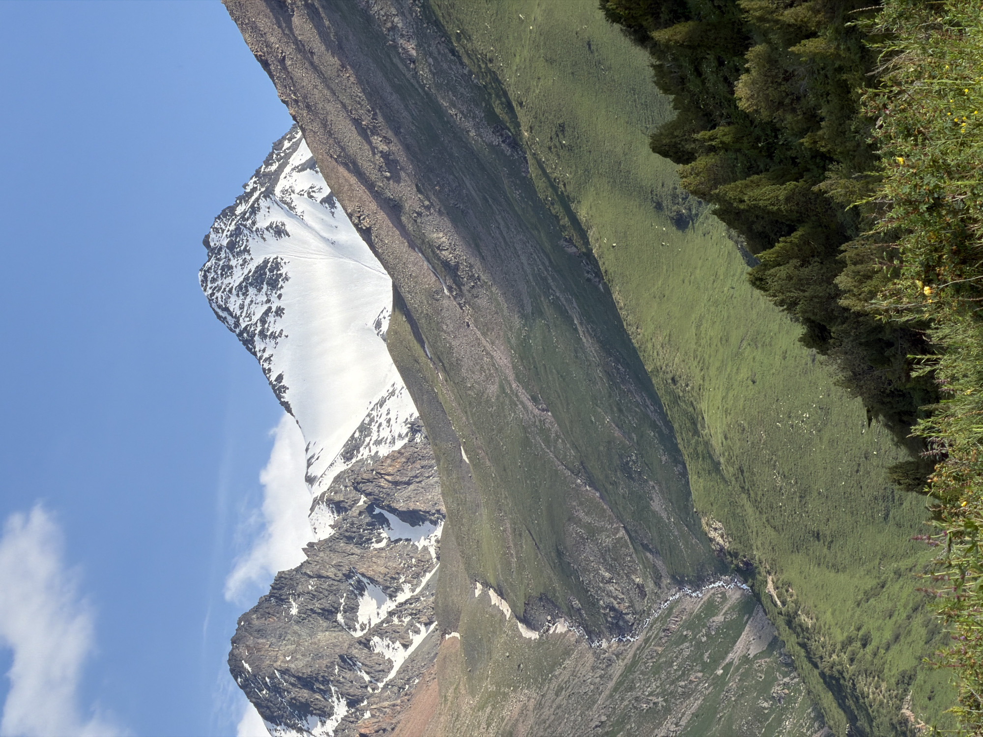 Lush alpine valley and snow-capped peaks in Kashka Suu, Kyrgyzstan
