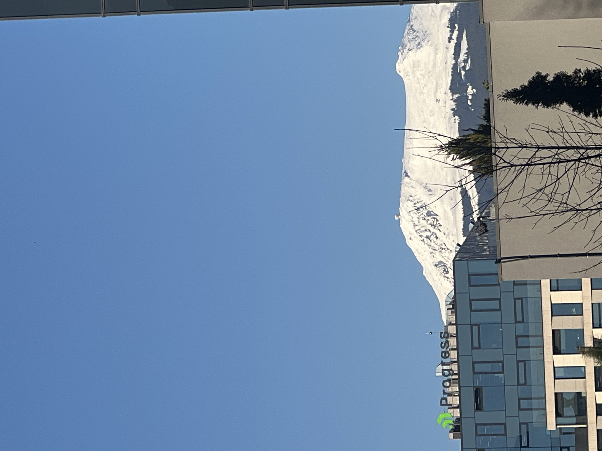 Clear morning view captures snow-covered mountain framed by buildings