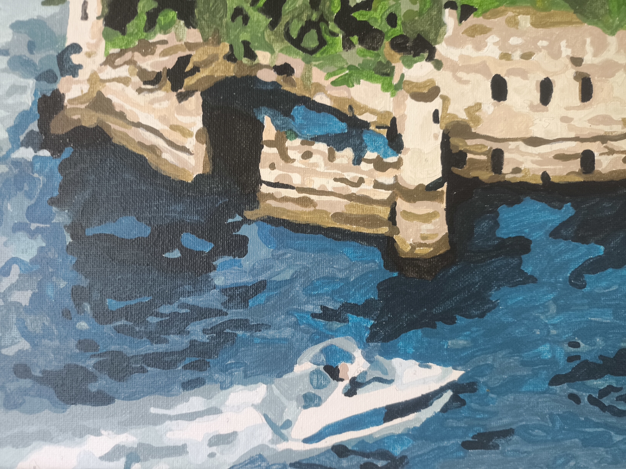 A mix of landscape and abstract paintings, up close