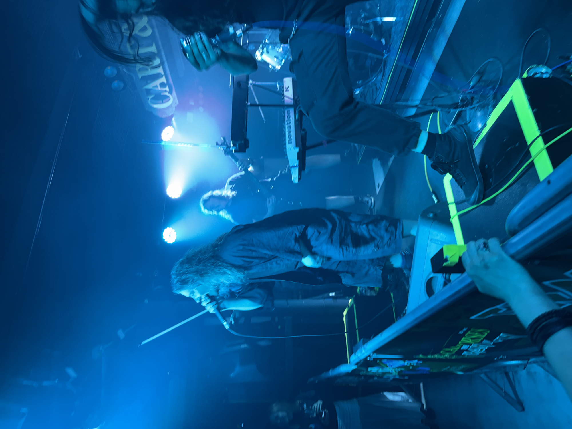 Live music performance captured under blue stage lights