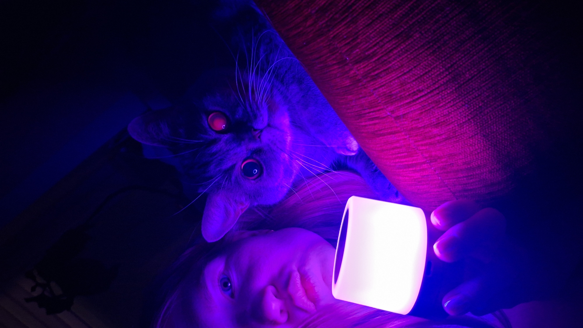 Woman and cat photographed with blue lighting in Chaikovsky
