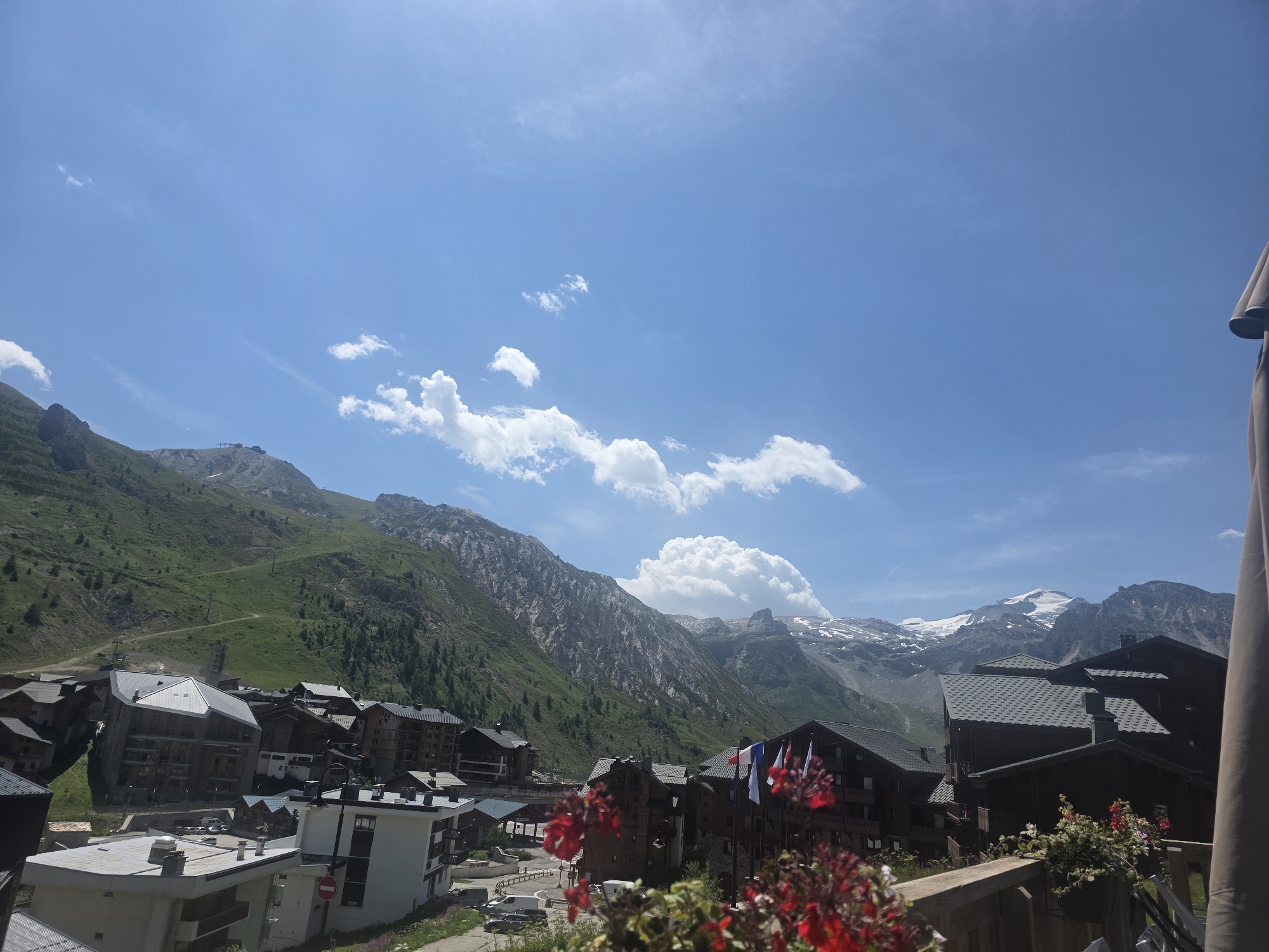 Tignes alpine village from above, balconies and chalets