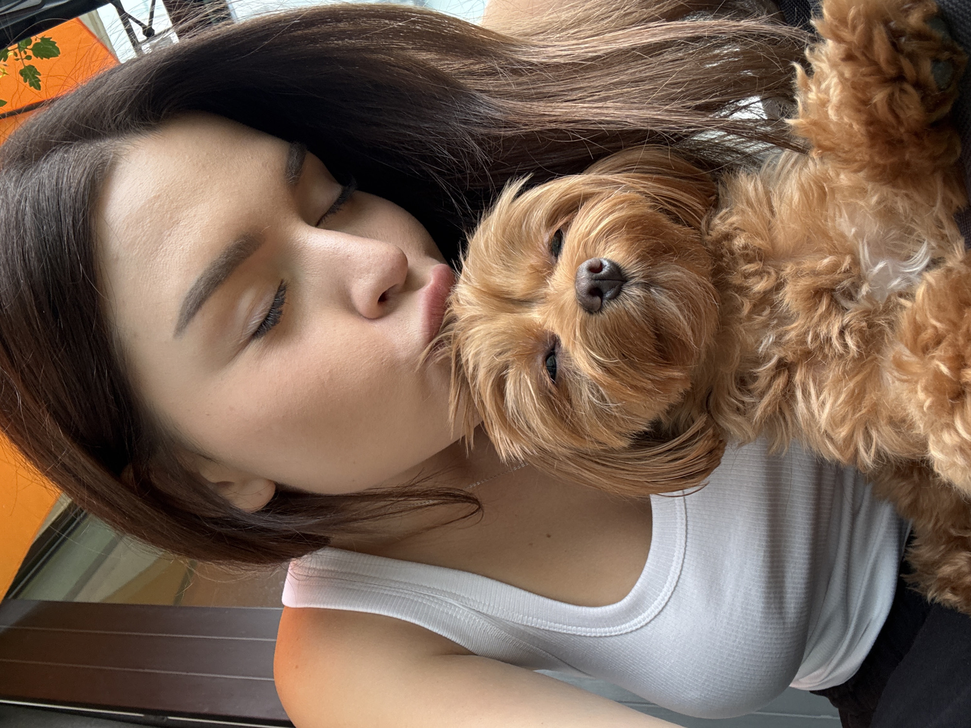 Afternoon selfie session in Prague with a small tan dog
