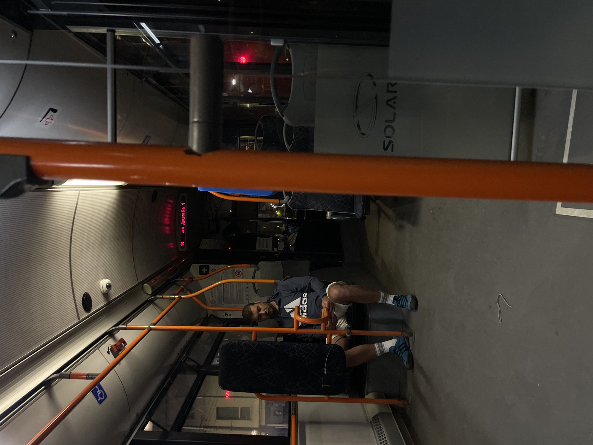 Nighttime public transport interior documented in Sofia, Bulgaria