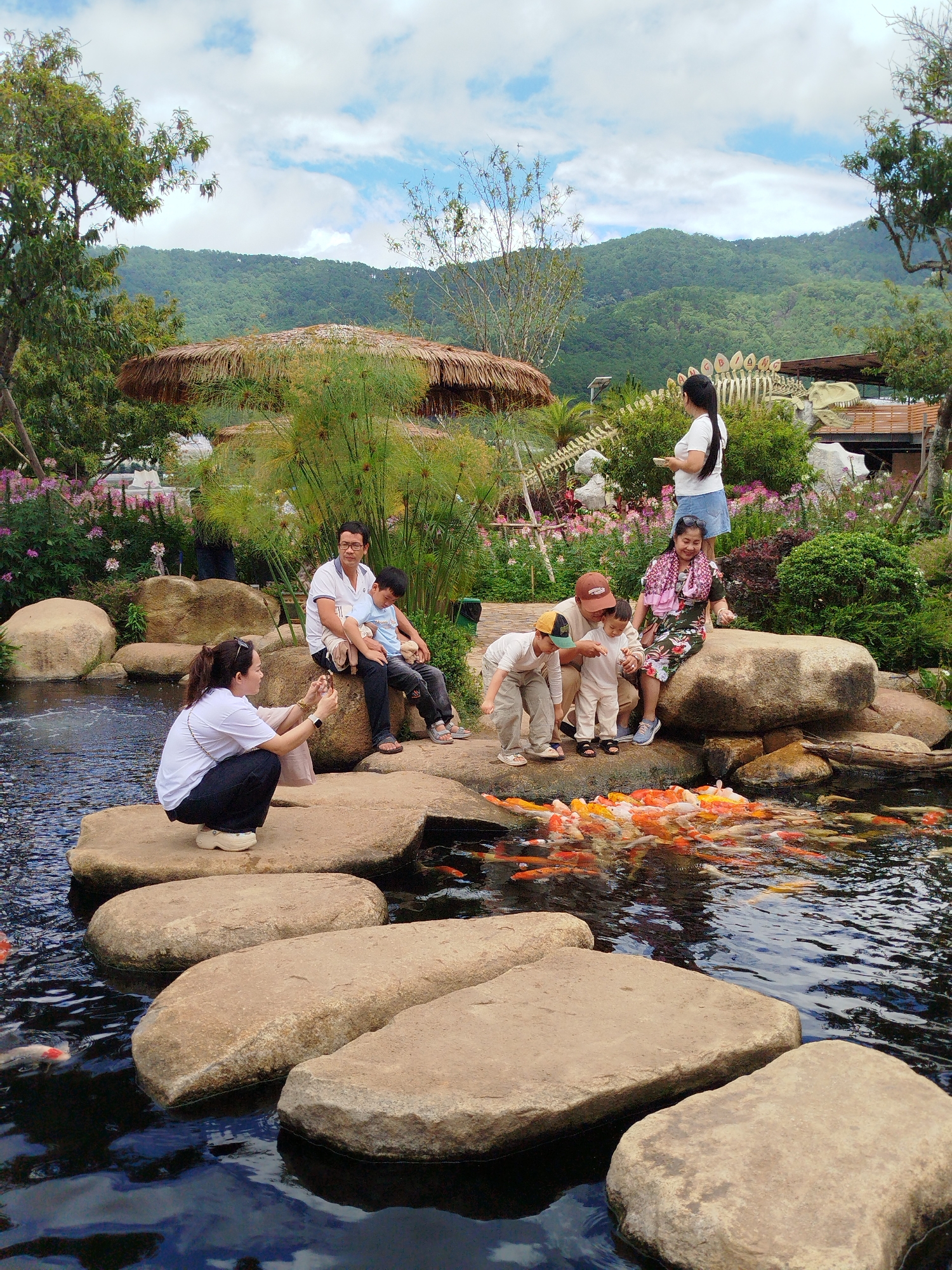 Feeding koi at a tourist pond in Lạc Dương, Vietnam