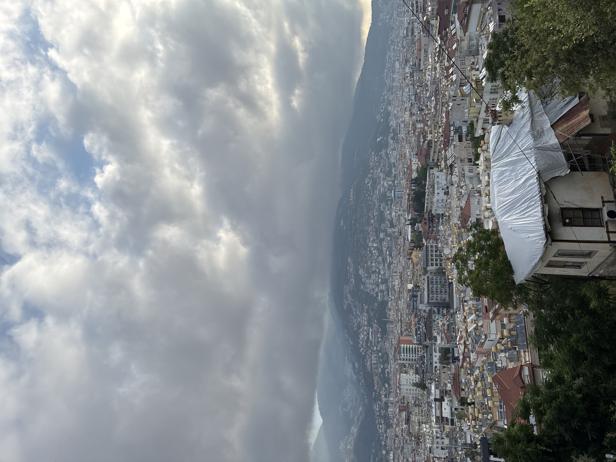 Alanya hillside: city views, blooming bougainvillea, and a vintage Ford