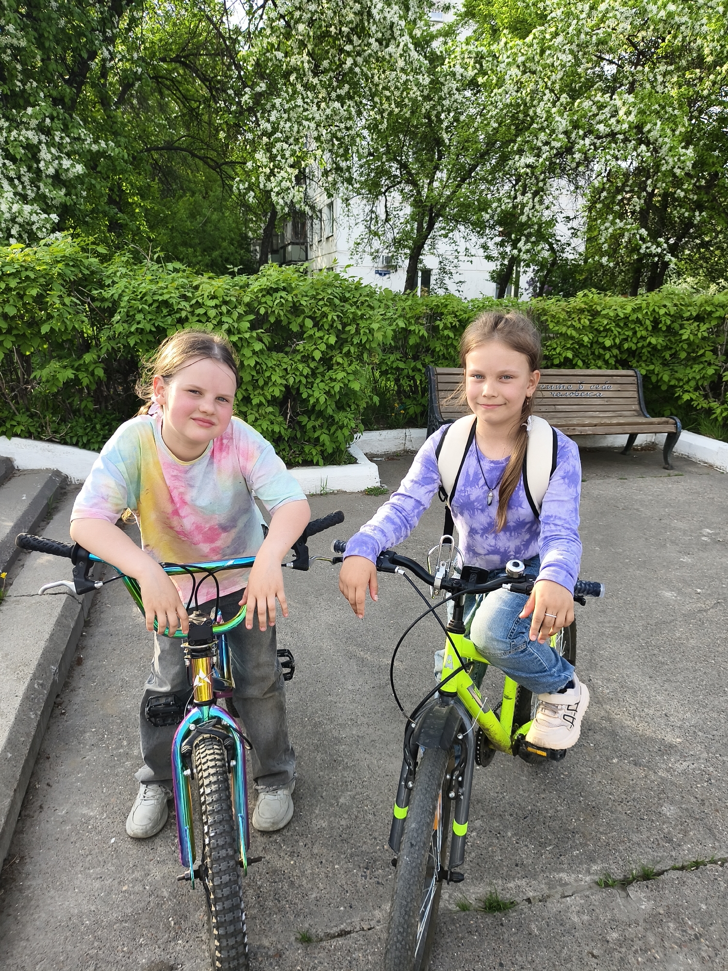Spring afternoon captures woman with flowering trees, girls with bicycles