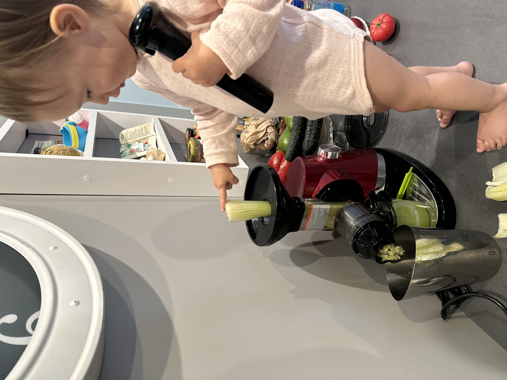 Child operates juicer to process celery in Polish kitchen