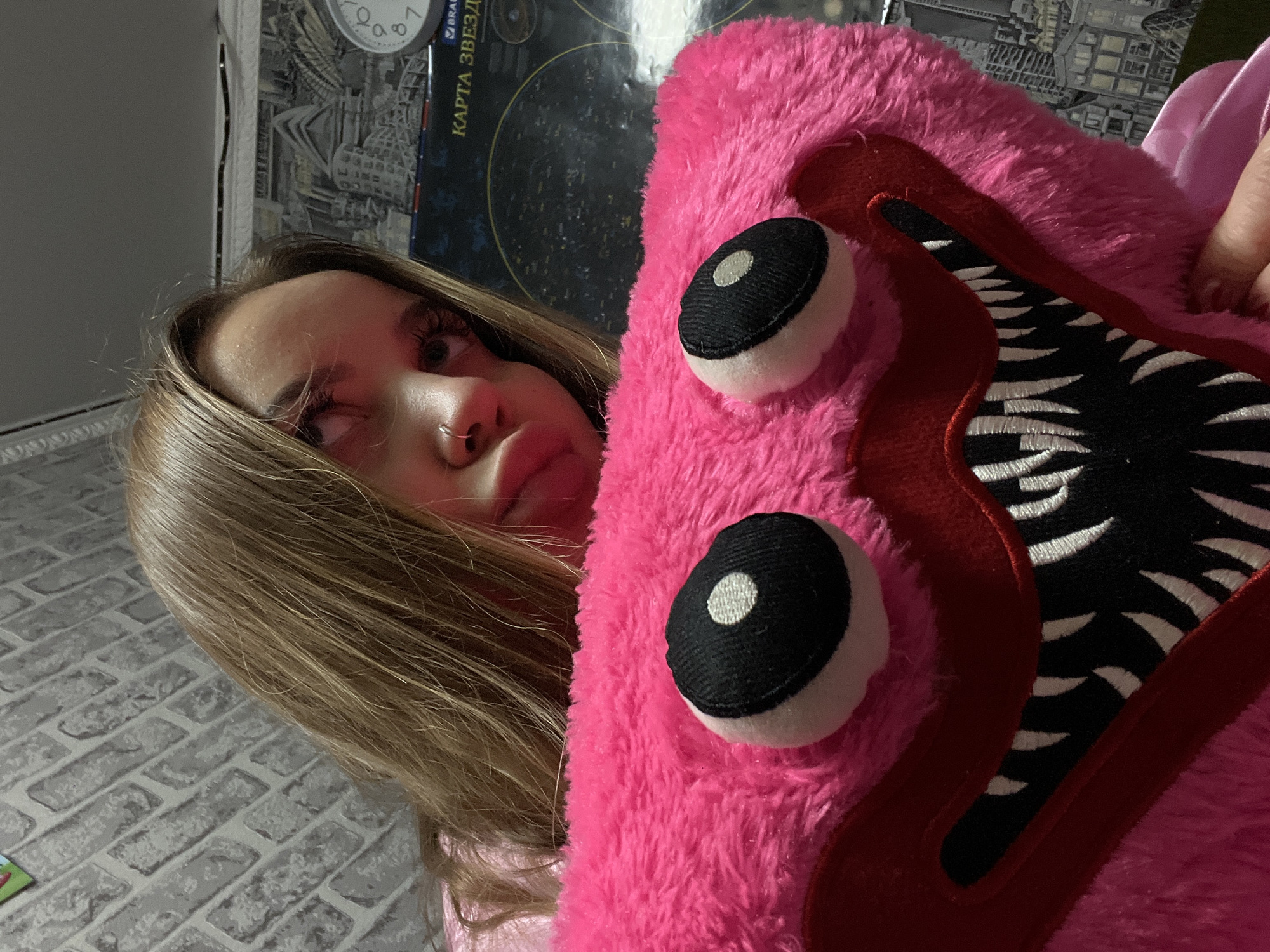 Woman poses with pink monster plush toy in Russia