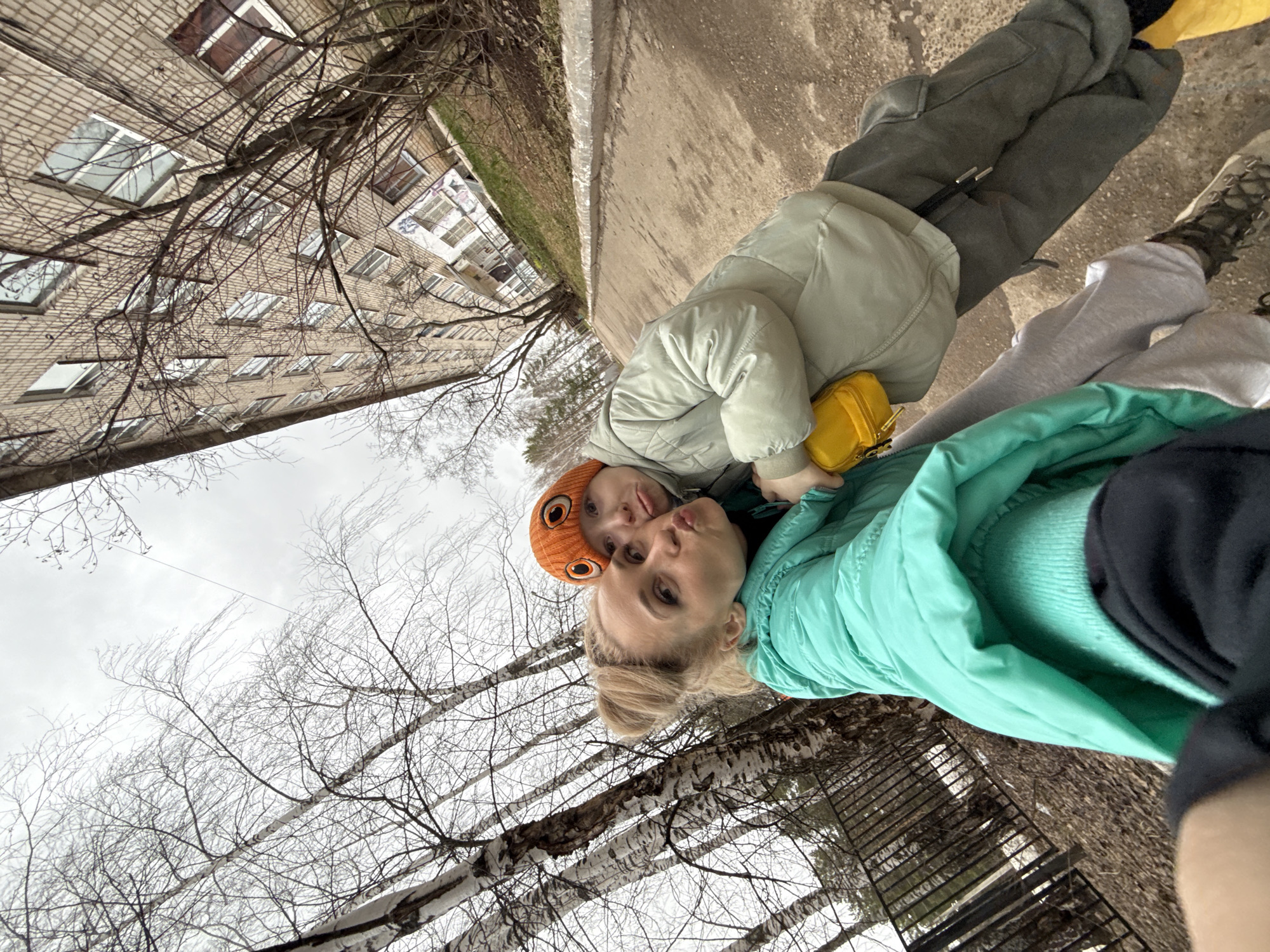 Mother and child take winter selfie in Chaikovsky, Russia