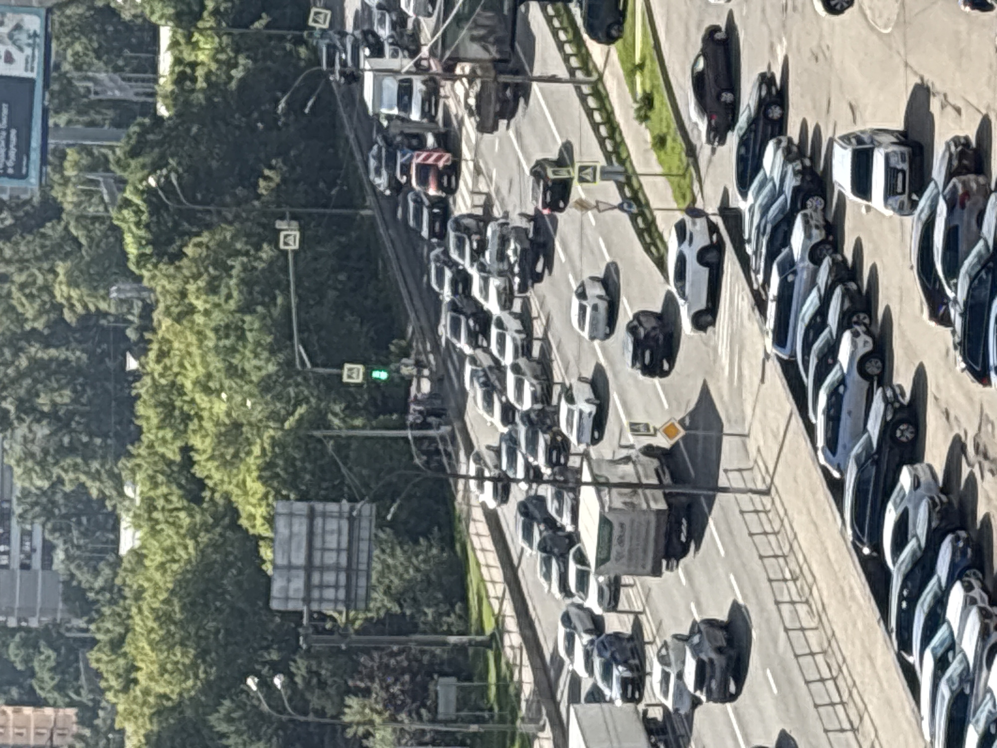 Aerial views of heavy traffic congestion in Pushkino, Russia