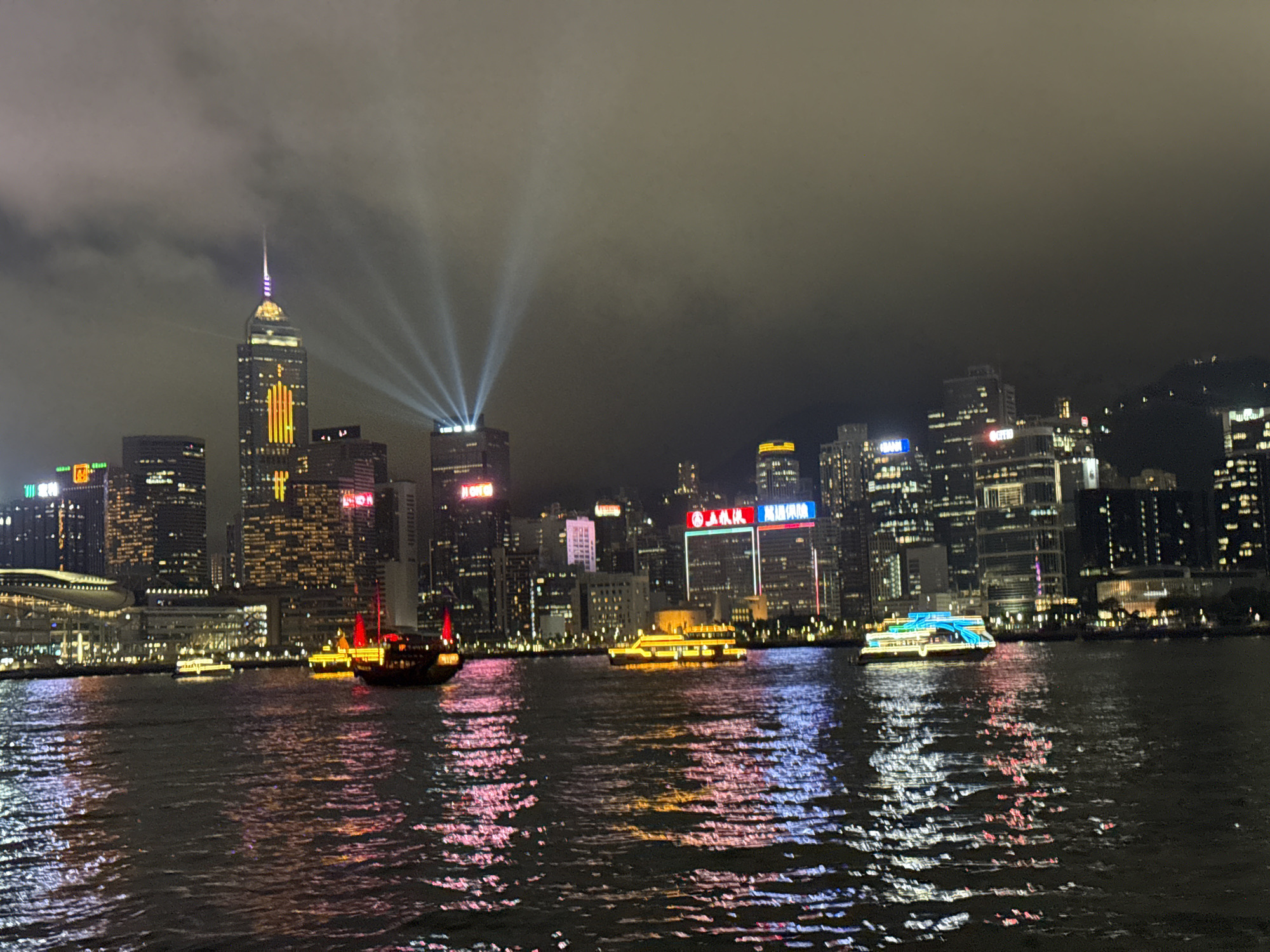 Hong Kong skyline glows at night with harbor reflections