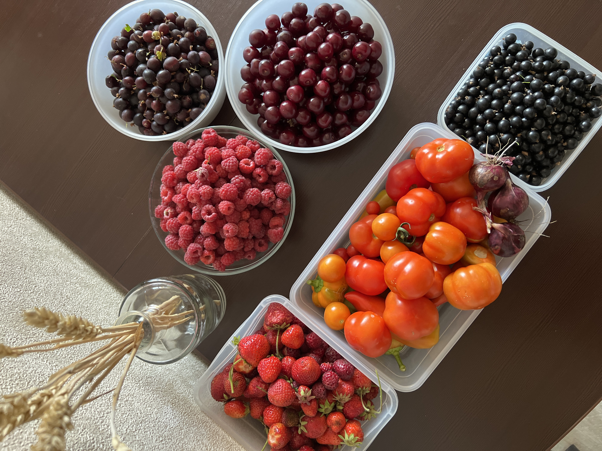 Summer morning at home: fresh produce, flowers, and a sleepy cat