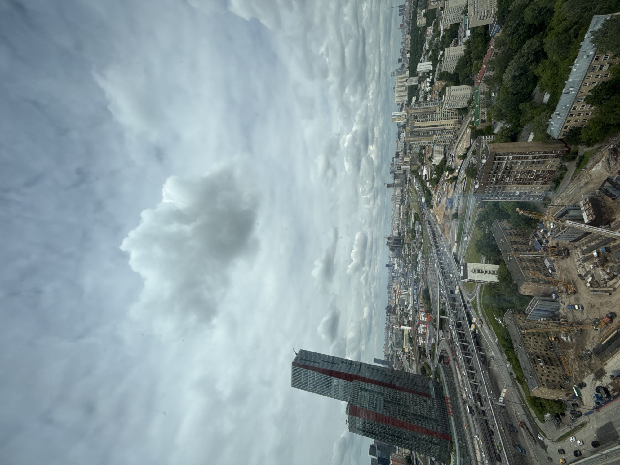 Aerial documentation captures Khimki cityscape under overcast morning skies