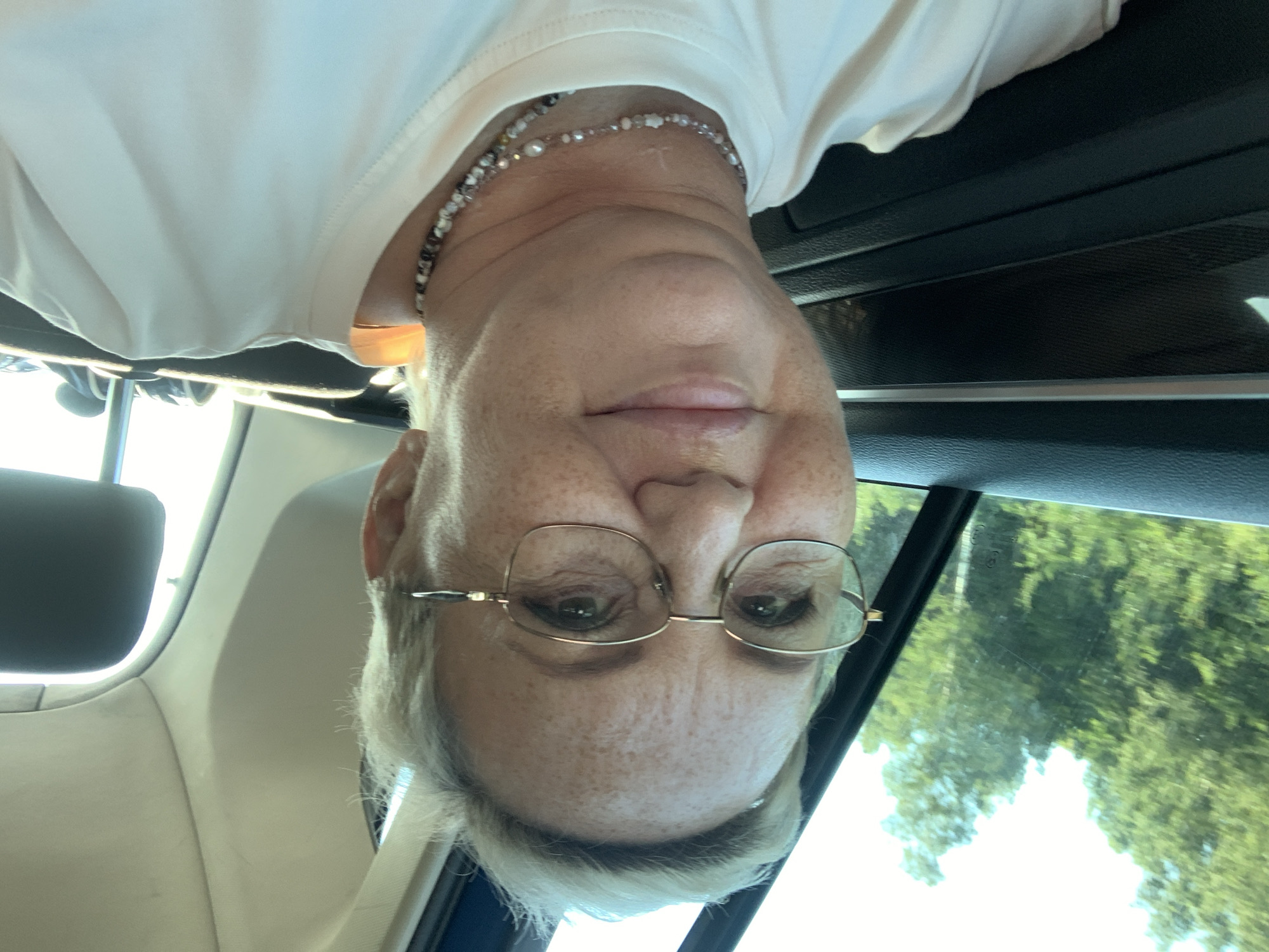 Passenger seat selfie on a tree-lined drive in rural Russia