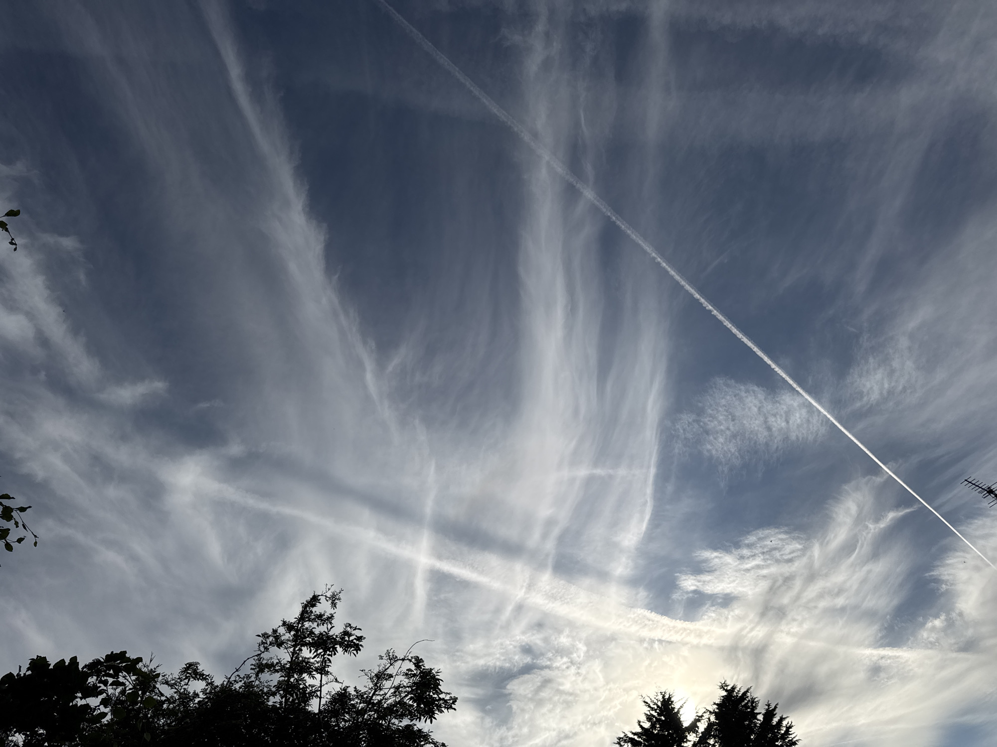 Aircraft contrails create grid pattern over Desborough sky