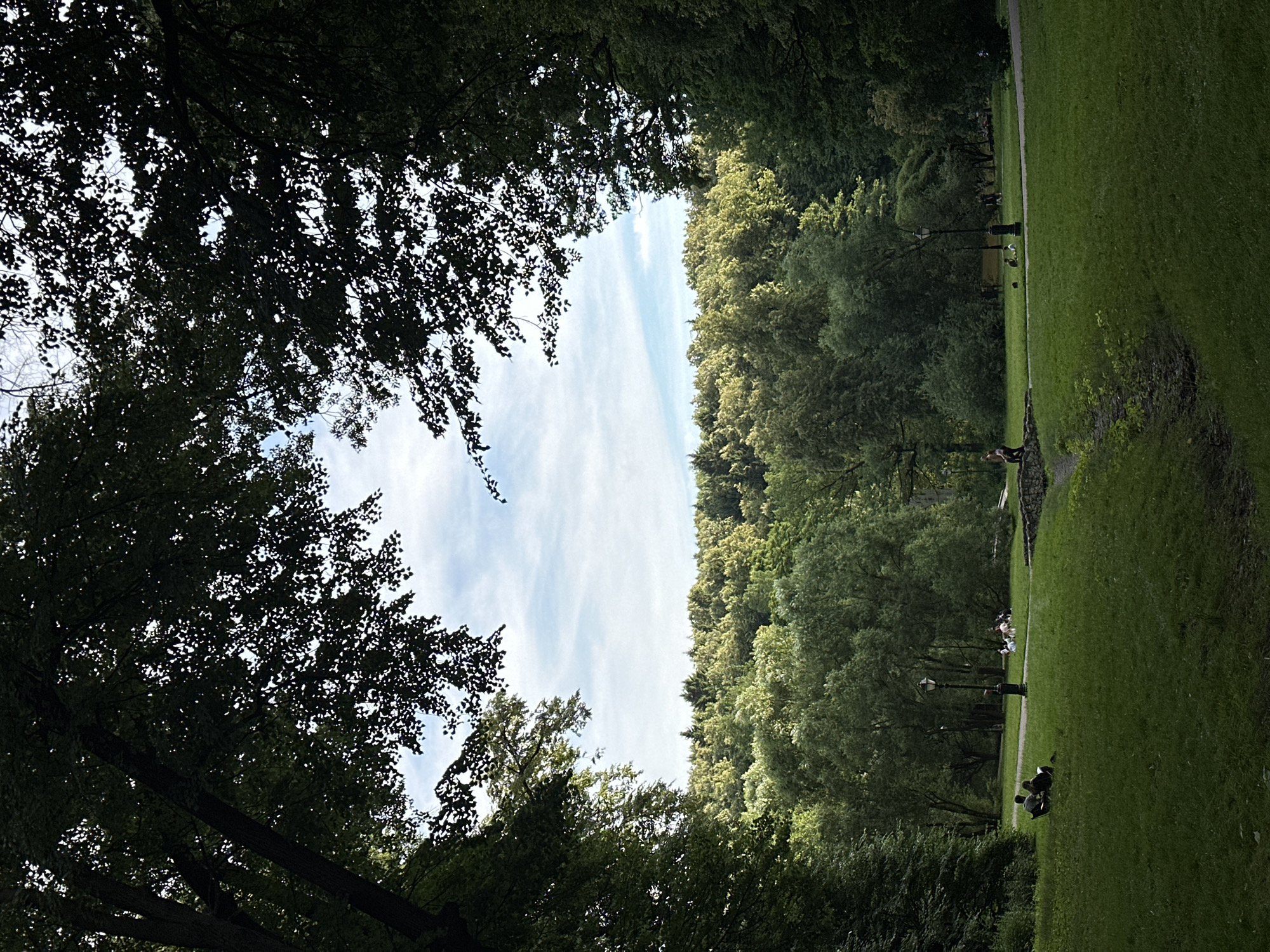 Afternoon in a Moscow park, lawns and a marble statue