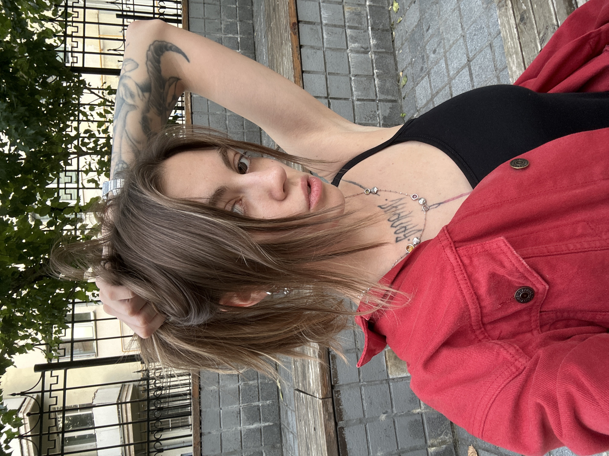 Selfie series in red denim jacket, Moscow outdoors